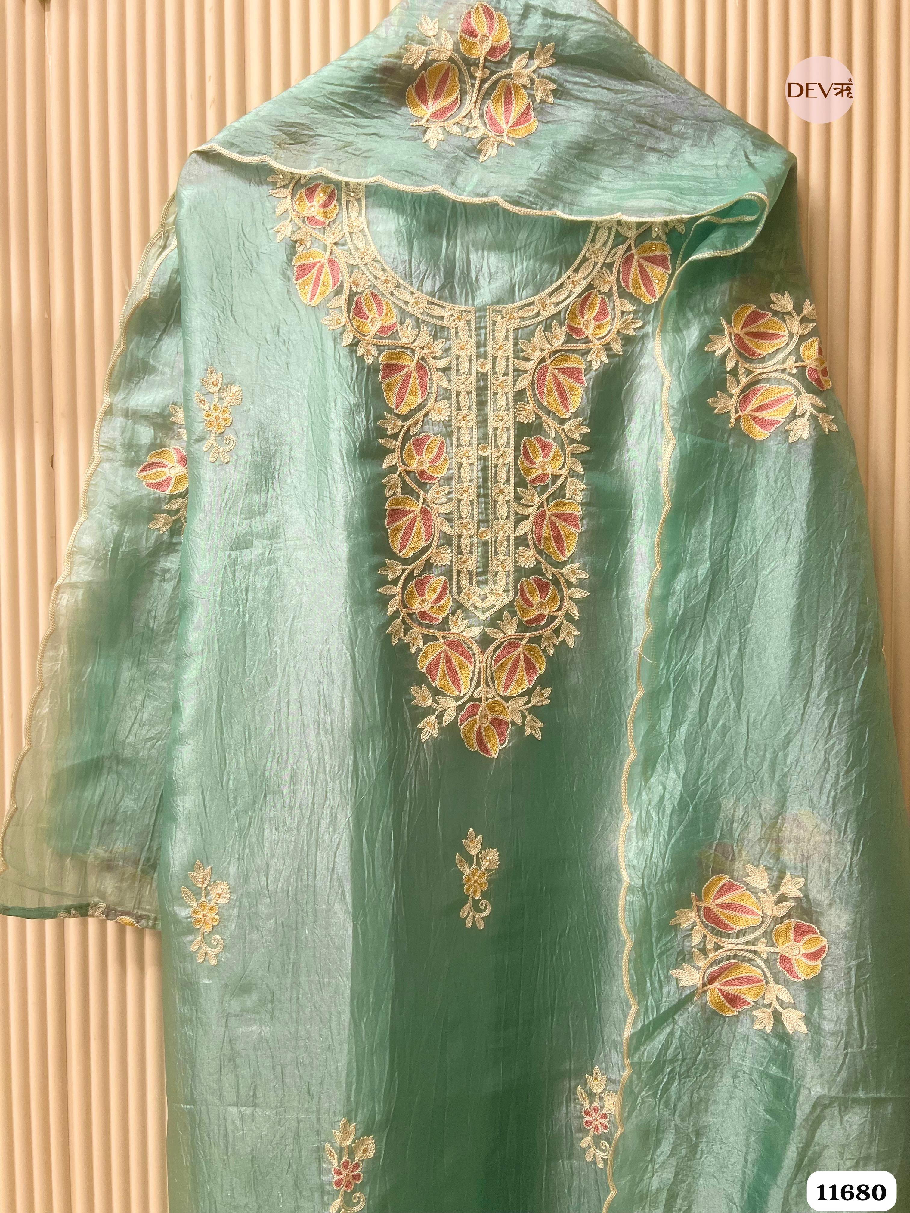 Green Tissue Crush Silk Unstitched Embroidered -Set Of 3 {11680}