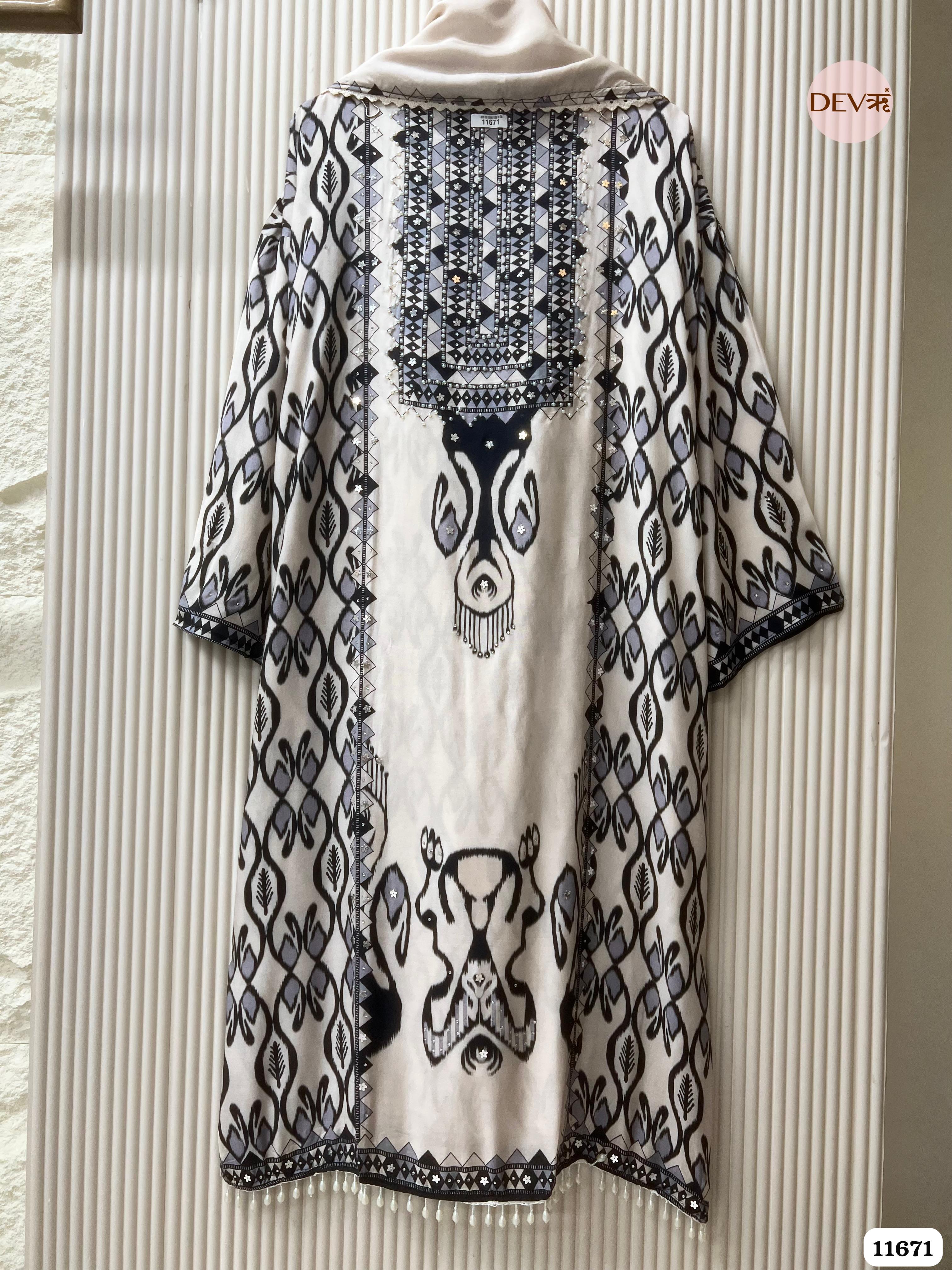 Off White Muslin Printed Semi Stitched Hand Embroidered -Set Of 3 {11671}