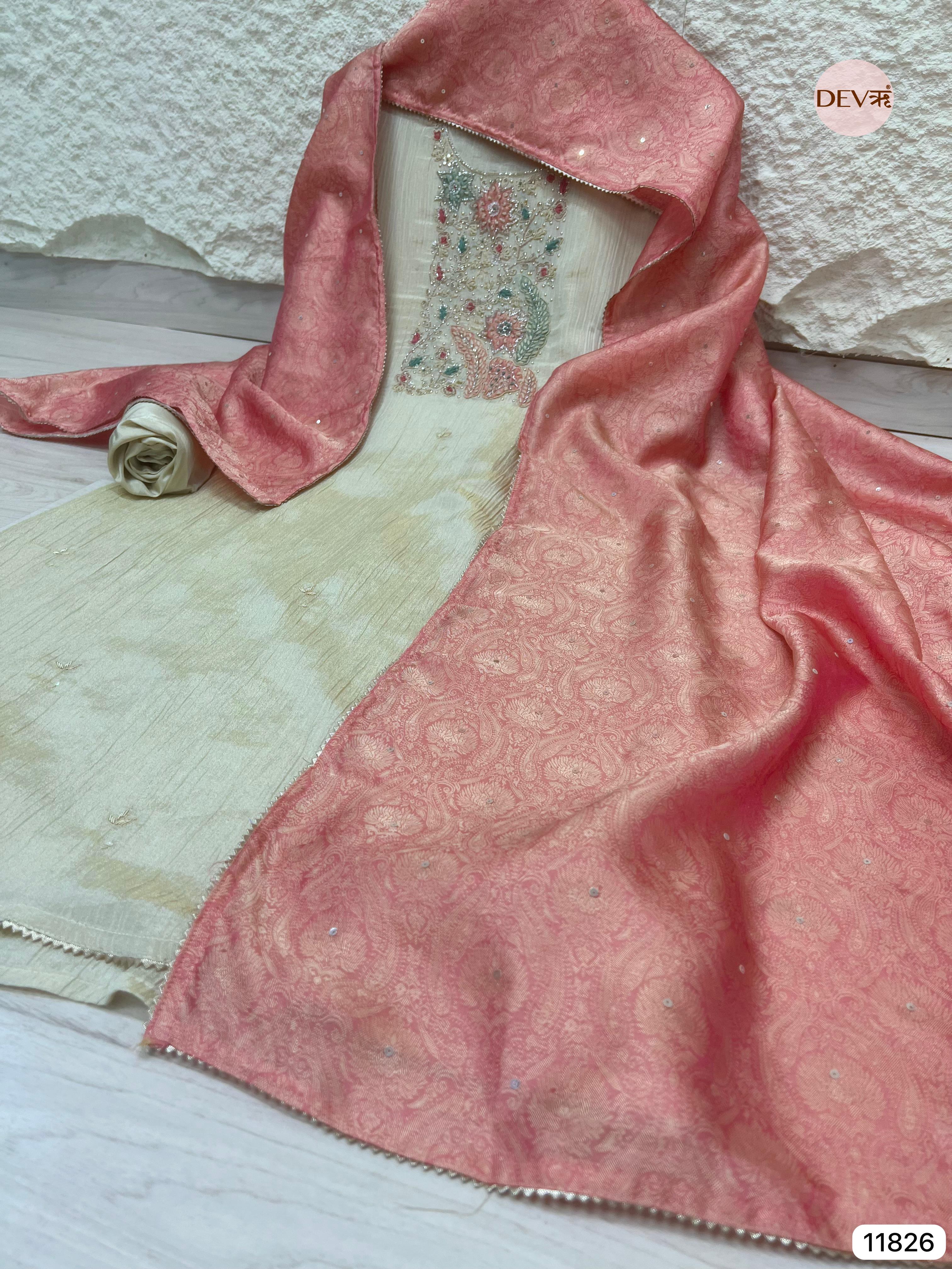 Off White Pure Tissue Crush Silk Unstitched Hand Embroidered -Set Of 3- {11826}