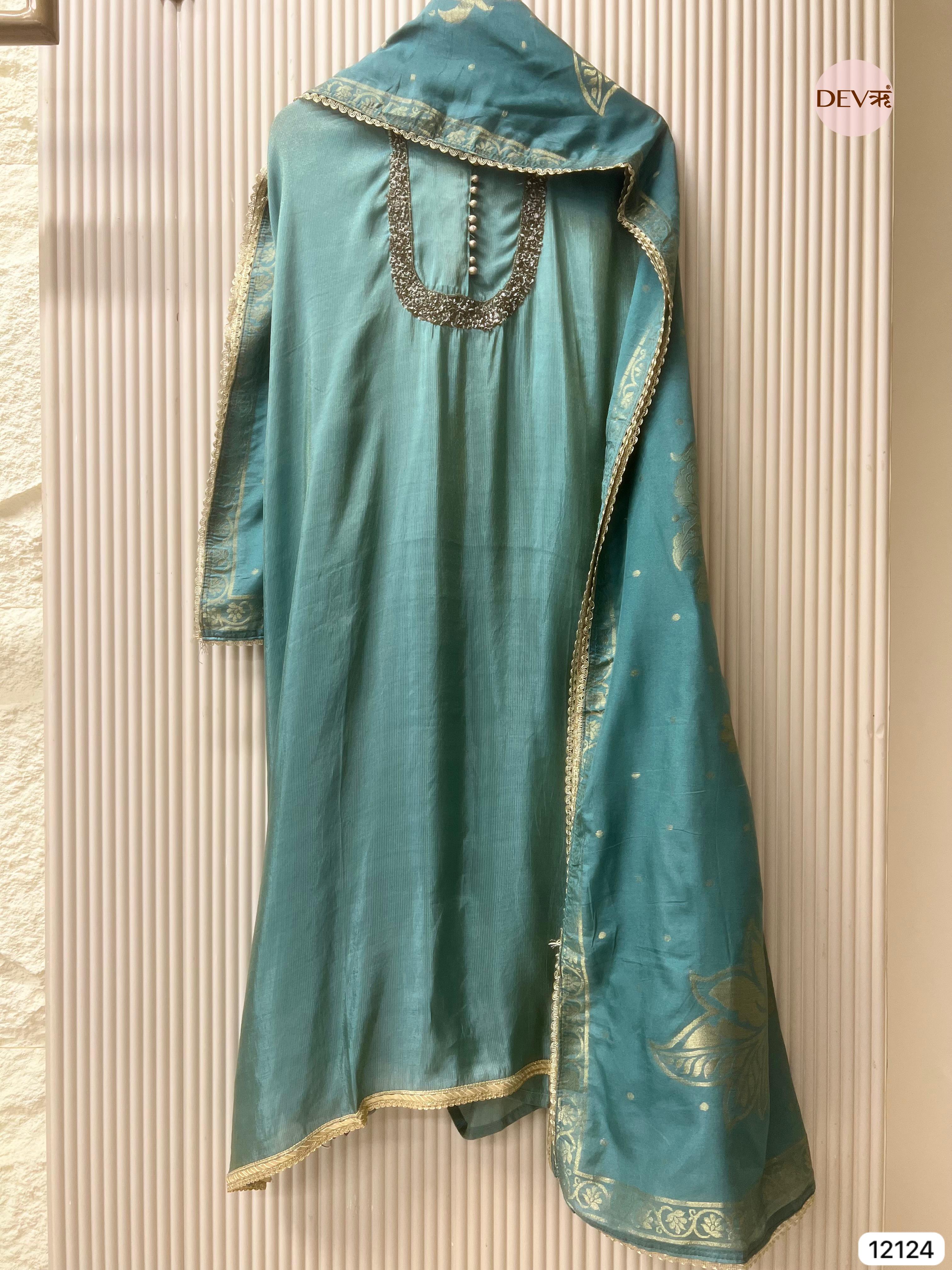 Blue-Green Shimmer Silk Unstitched Hand Embroidered -Set Of 3 - {12124}