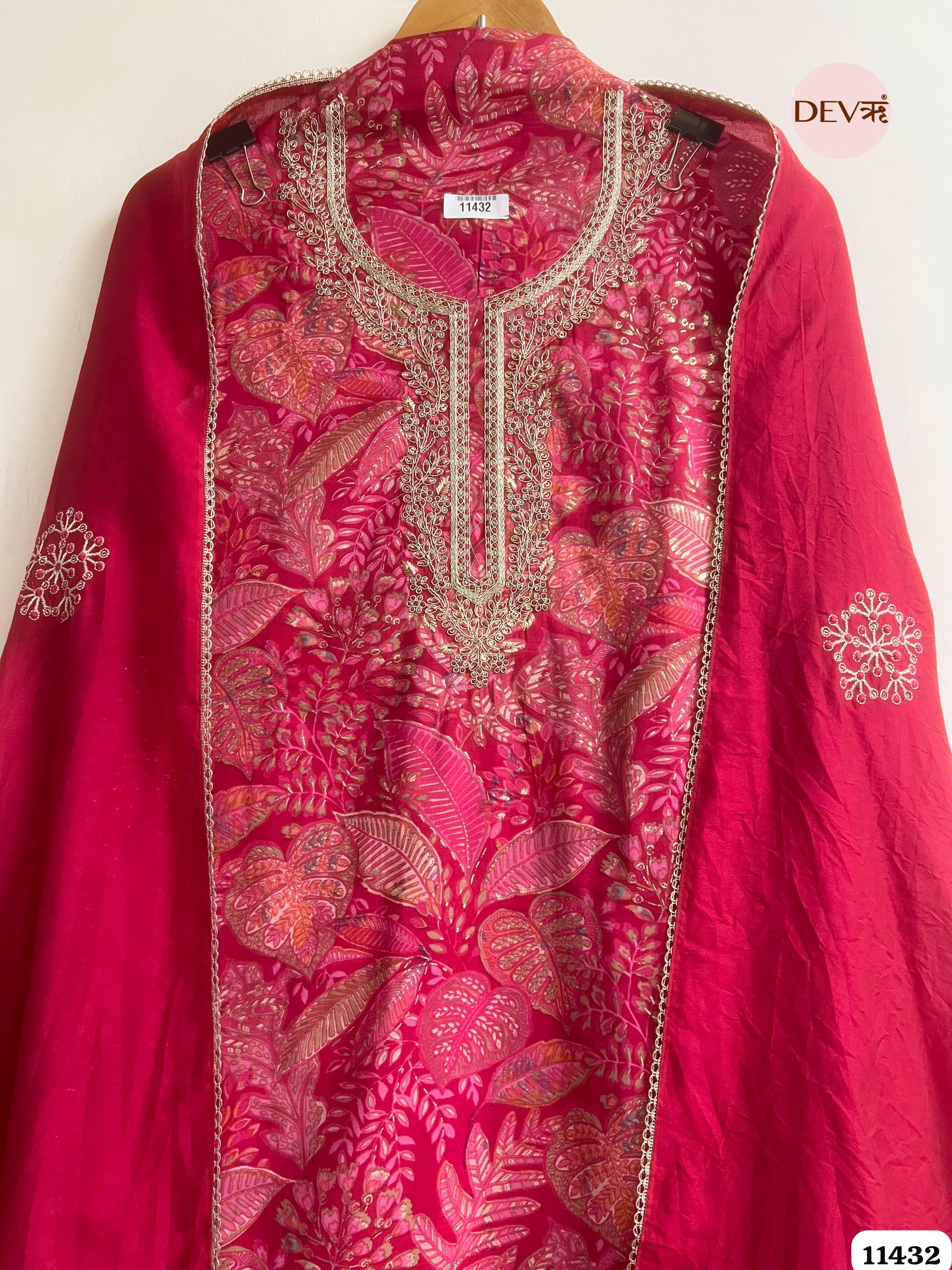 Magenta Pink Modal Silk Unstitched Printed Embroidered -Set Of 3