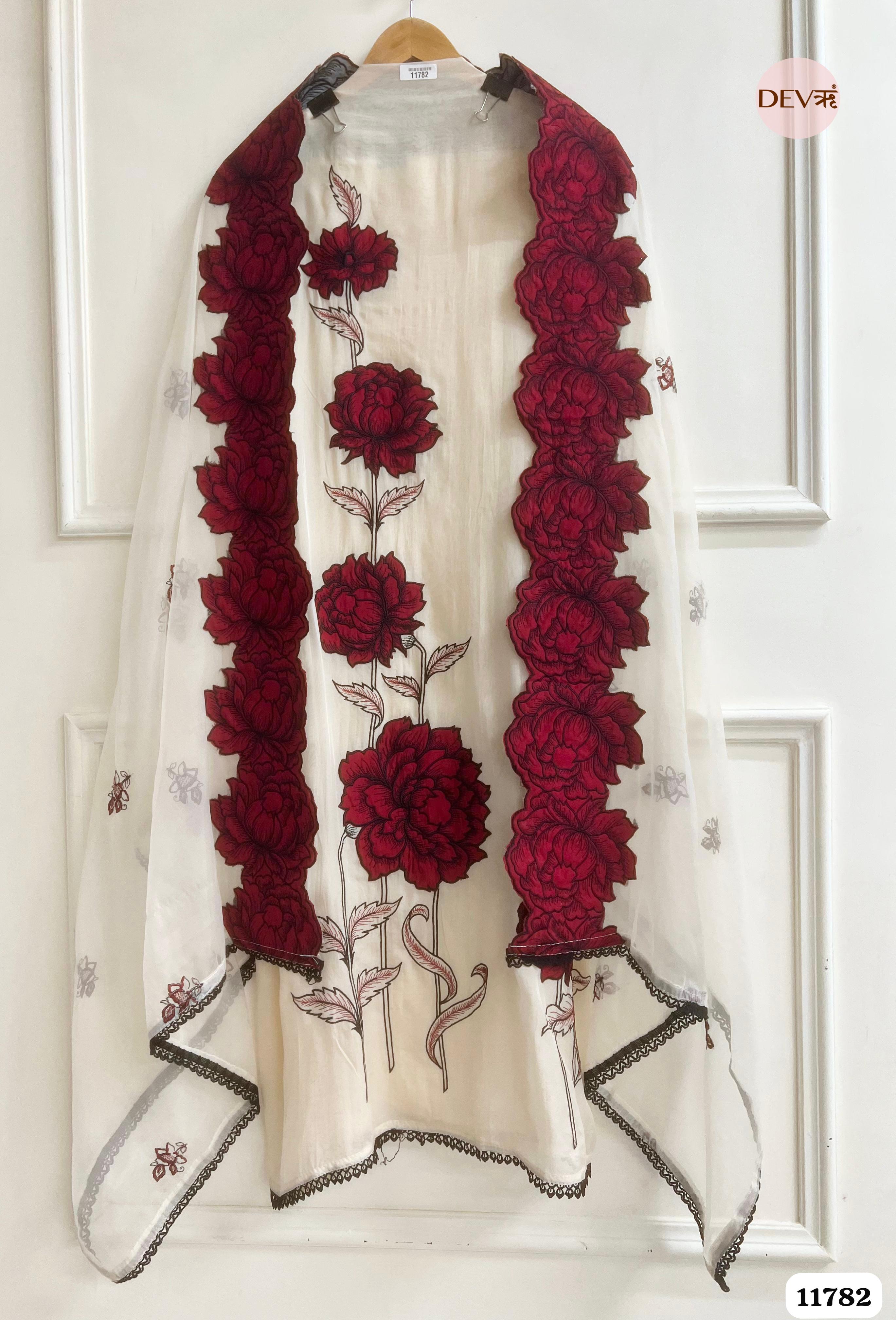 OF White Organza Unstitched Embroidered -Set Of 3 {11782}