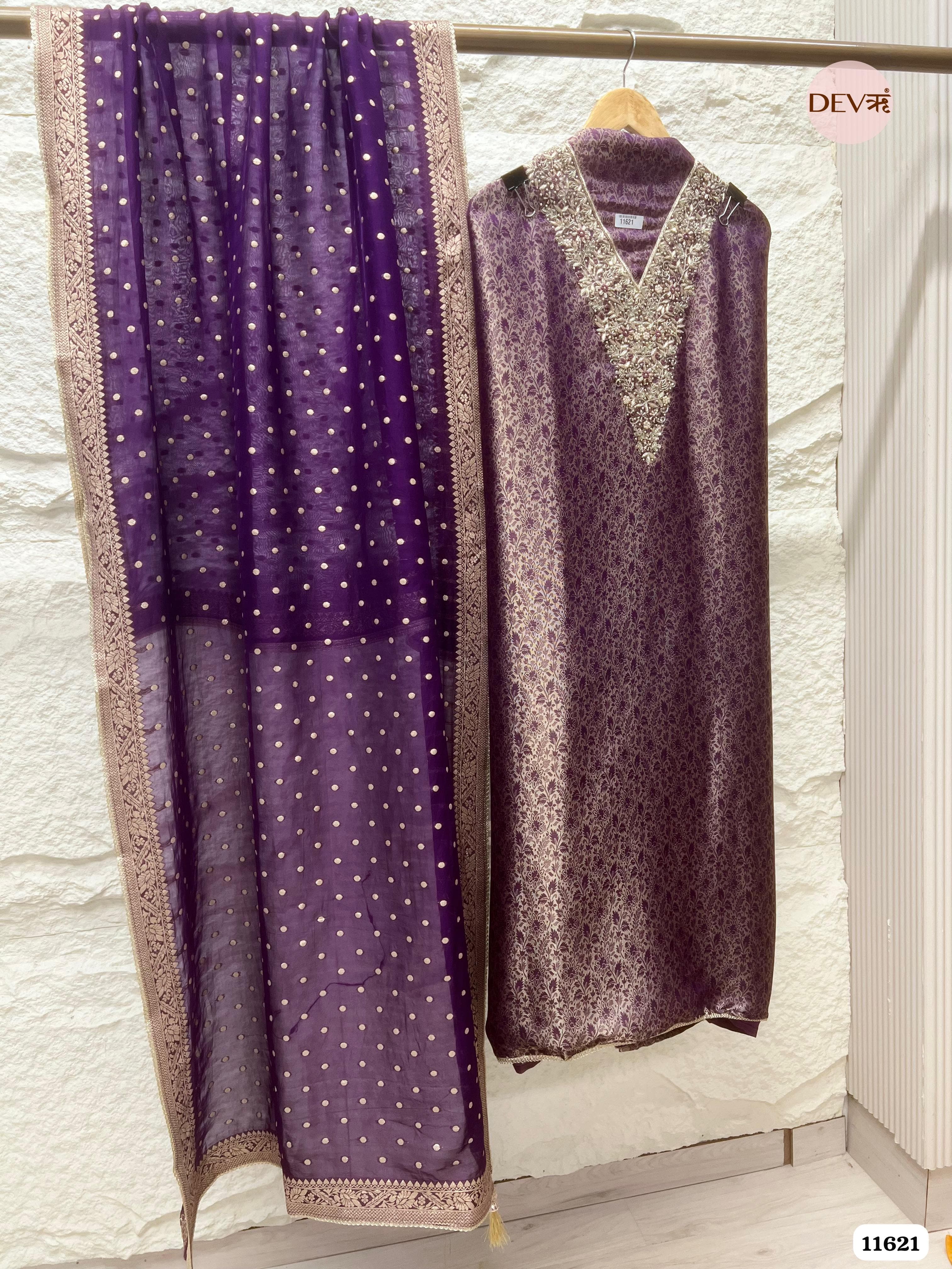 Purple Pure Tissue Banarasi Silk Unstitched Hand Embroidered -Set Of 3 {11621}