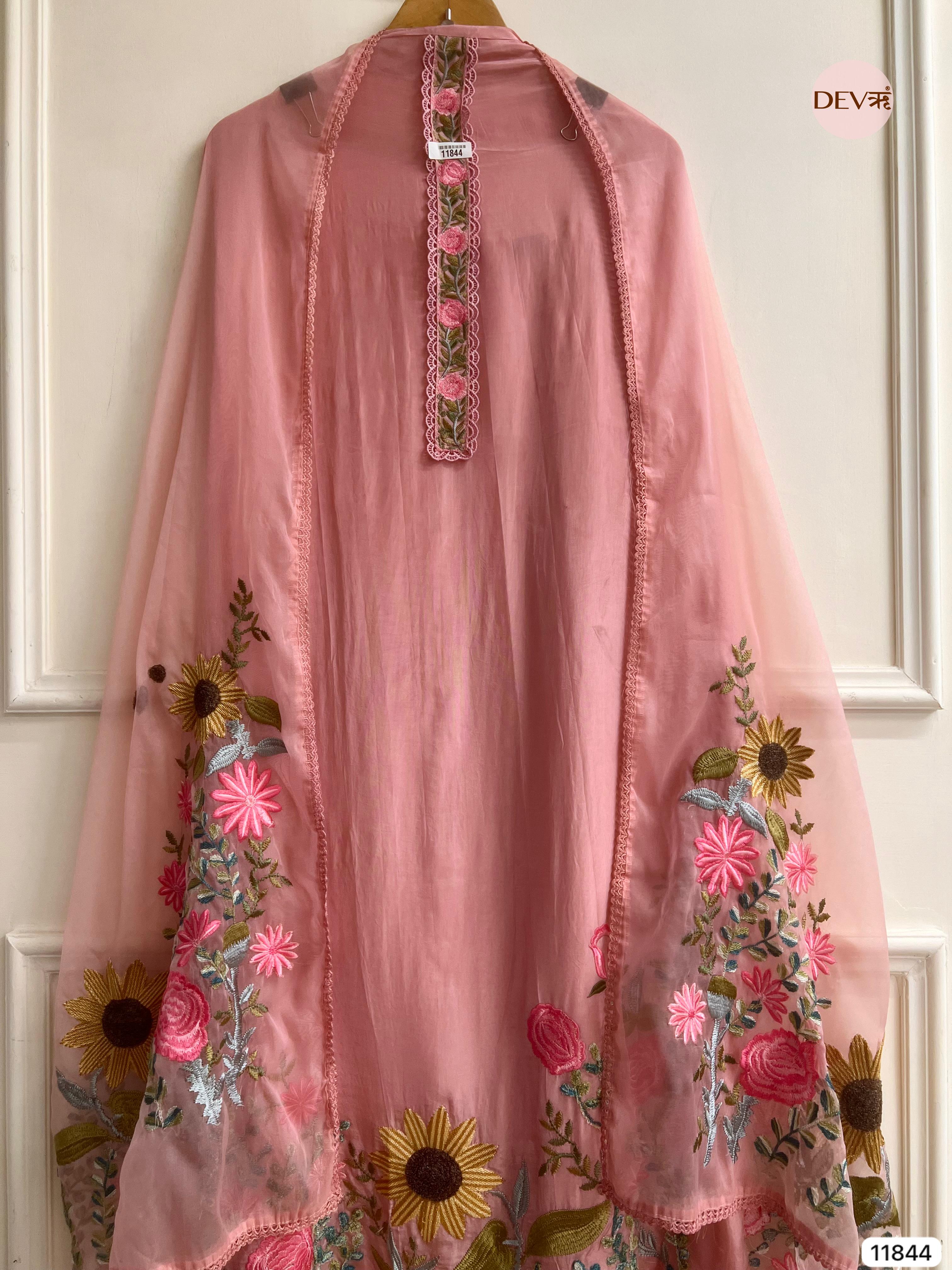 Pink Organza Silk Unstitched Embroidered -Set Of 3 - {11844}
