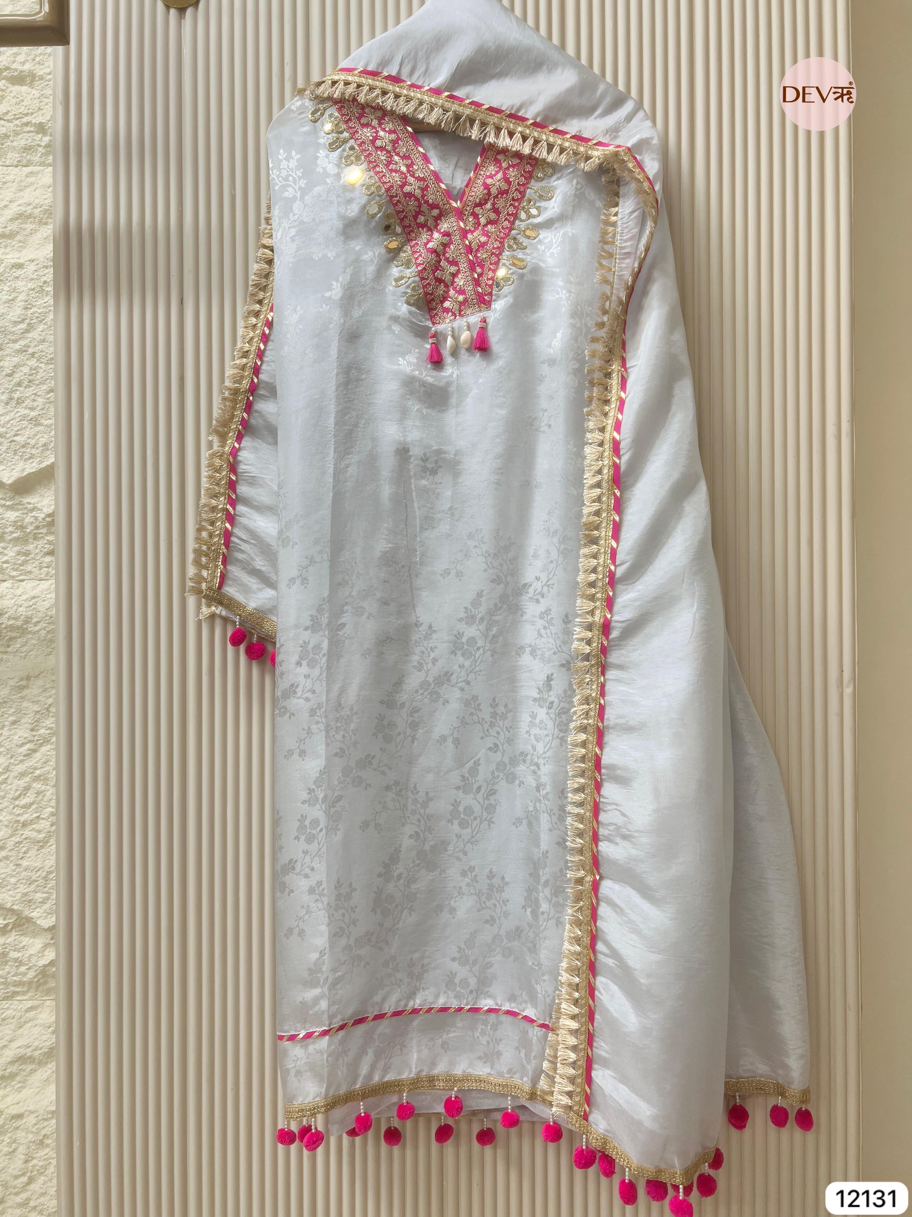 Silver off White Silk Unstitched - Set Of 3 - {12131}