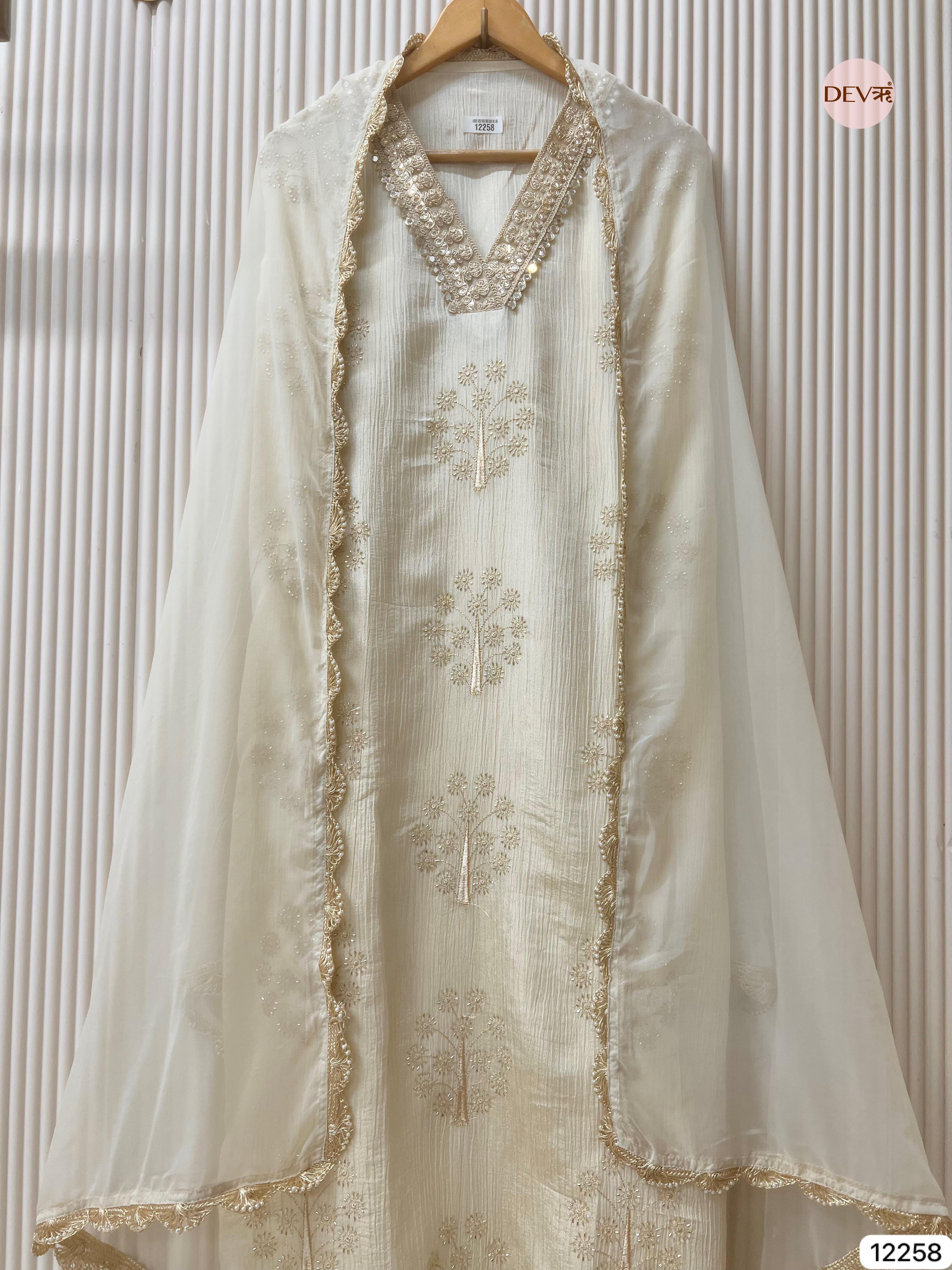 Ivory Chinon Embroidered Unstitched 3-Piece Suit (Devri – D.No 12258)