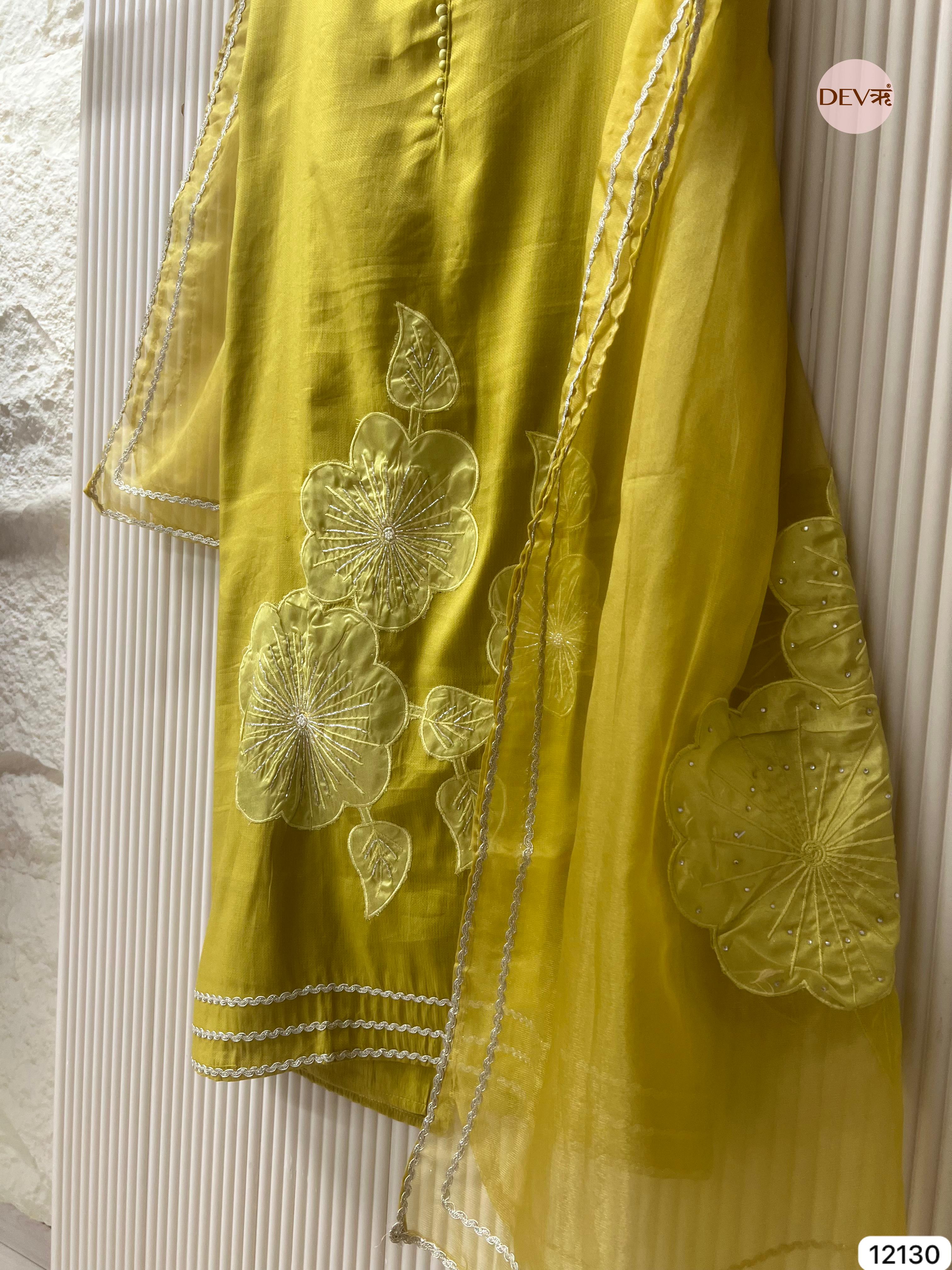 Yellow Shimmer Silk Unstitched Applique Embroidered -Set Of 3 - {12130}