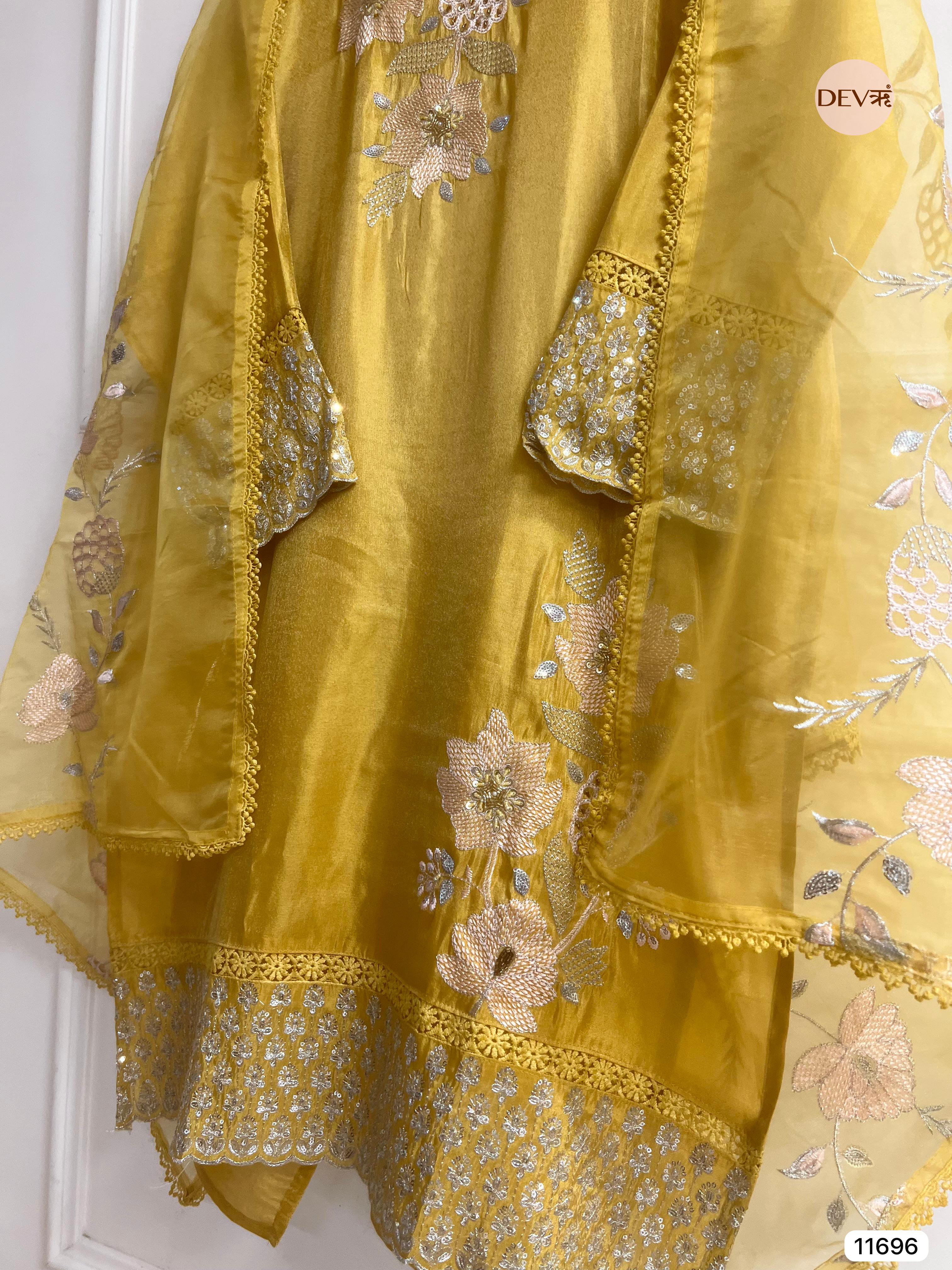 Yellow Tissue Shimmer Silk Semi Stitched Hand Embroidered -Set Of 3- {11696}