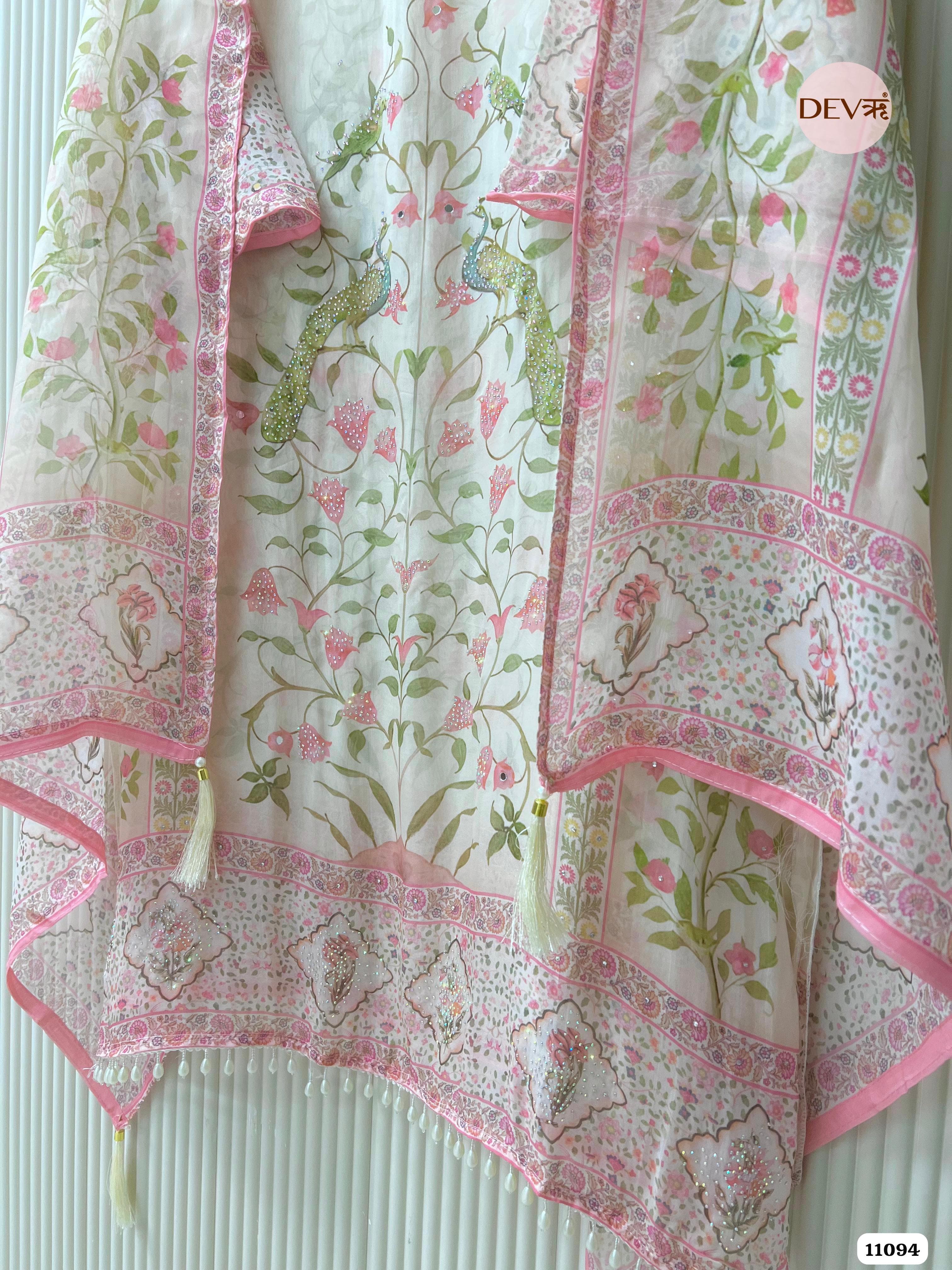 White Organza Printed Semi Stitched Hand Embroidered -Set Of 3 {11094}