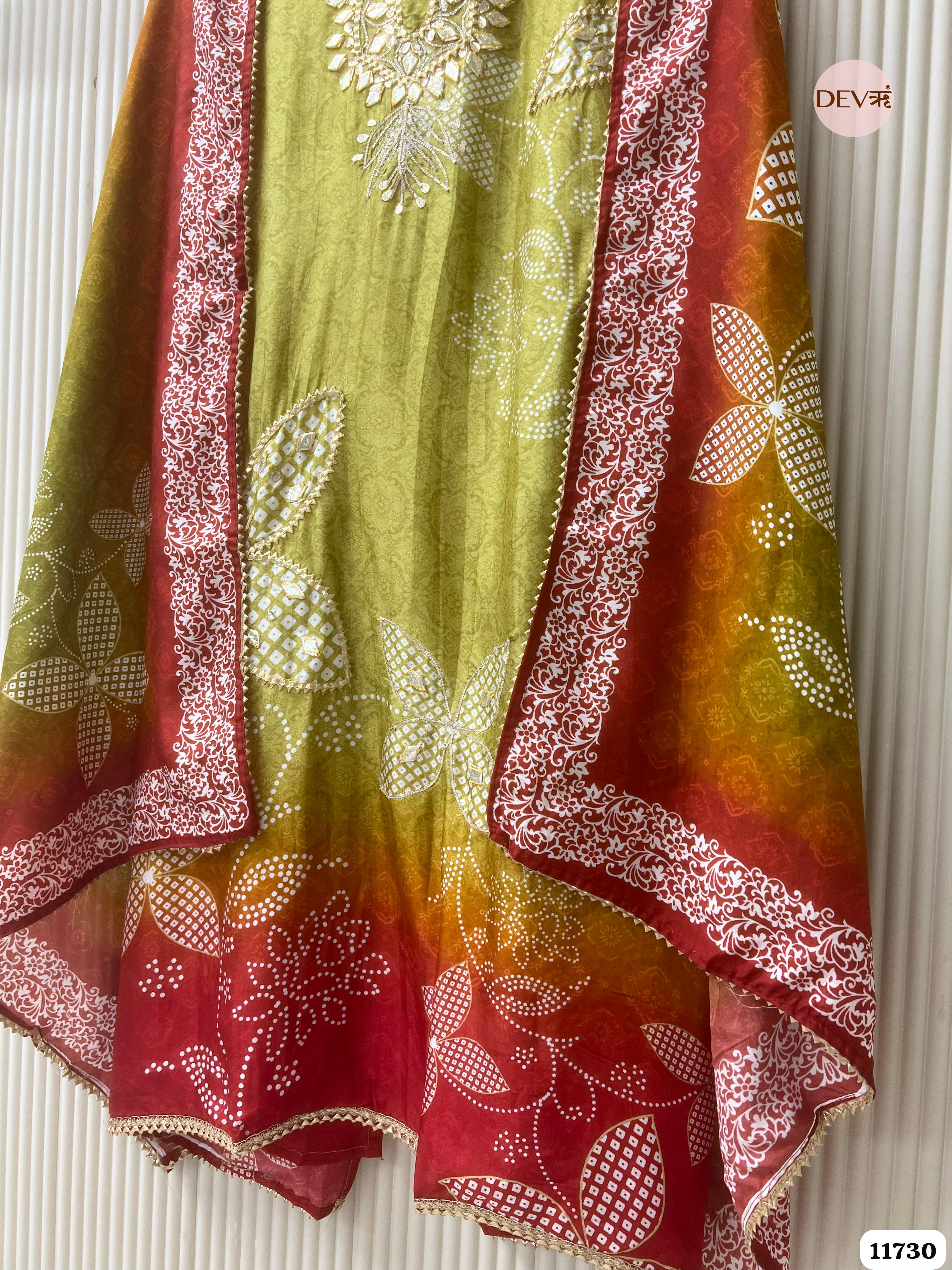Green Russian Silk Semi Stitched Printed Hand Embroidered -Set Of 3- {11730}