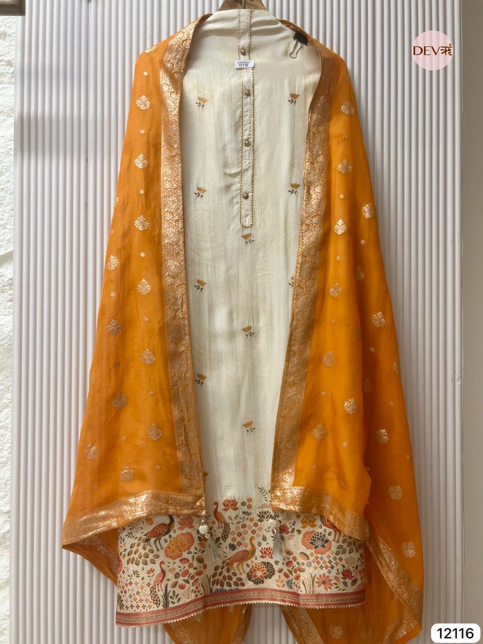 Mustard Russian Silk Embroidered Unstitched 3-Piece Suit (Devri – D.No 12116)