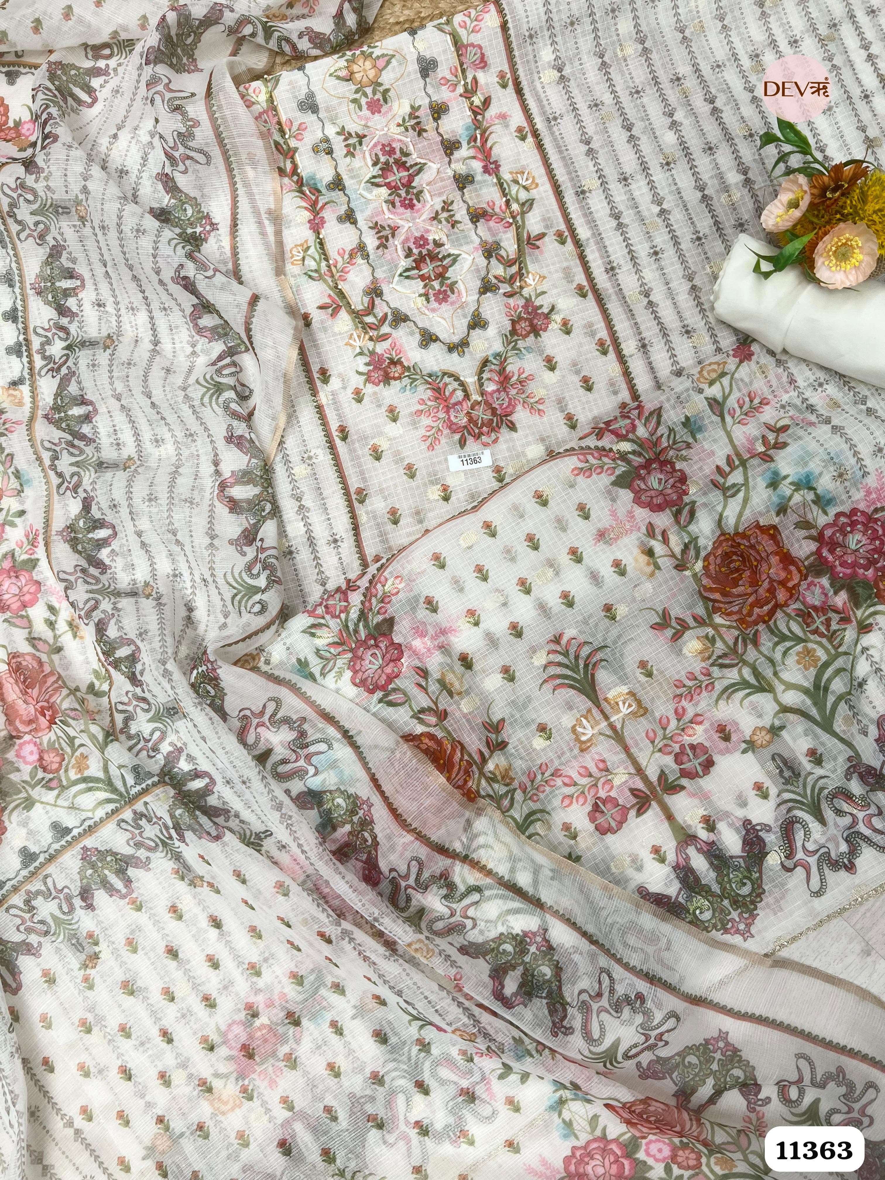 Off-White Or Cream Kota Silk Printed woven Unstitched Hand Embroidered -Set Of 3 {11363}