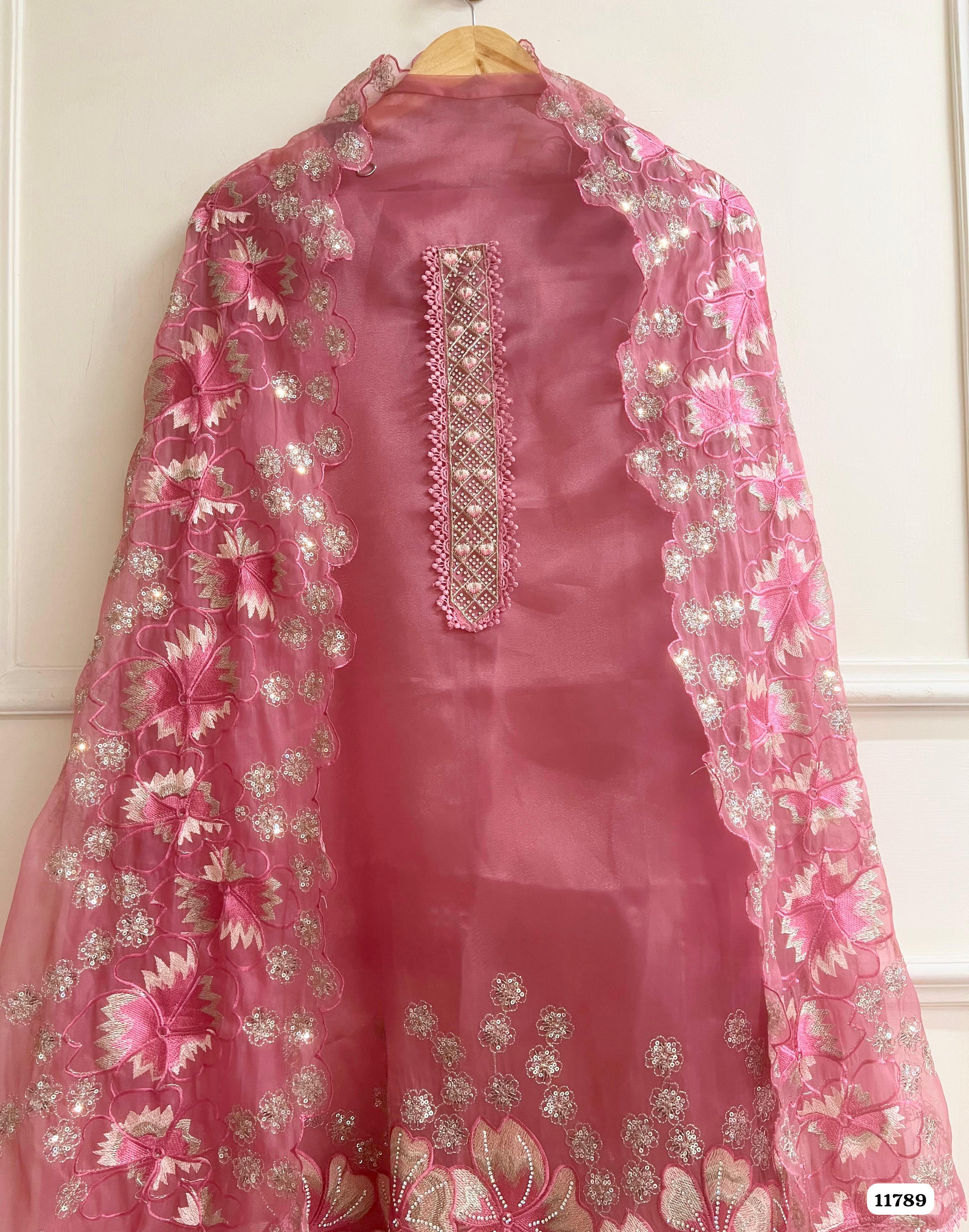 Pink Tissue Silk Unstitched Embroidered -Set Of 3 {11789}