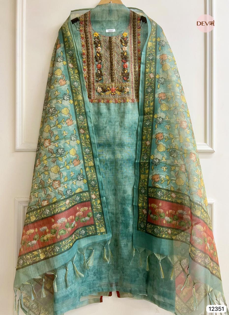 Teal Green Linen Embroidered Unstitched 3-Piece Suit (Devri – D.No 12351)