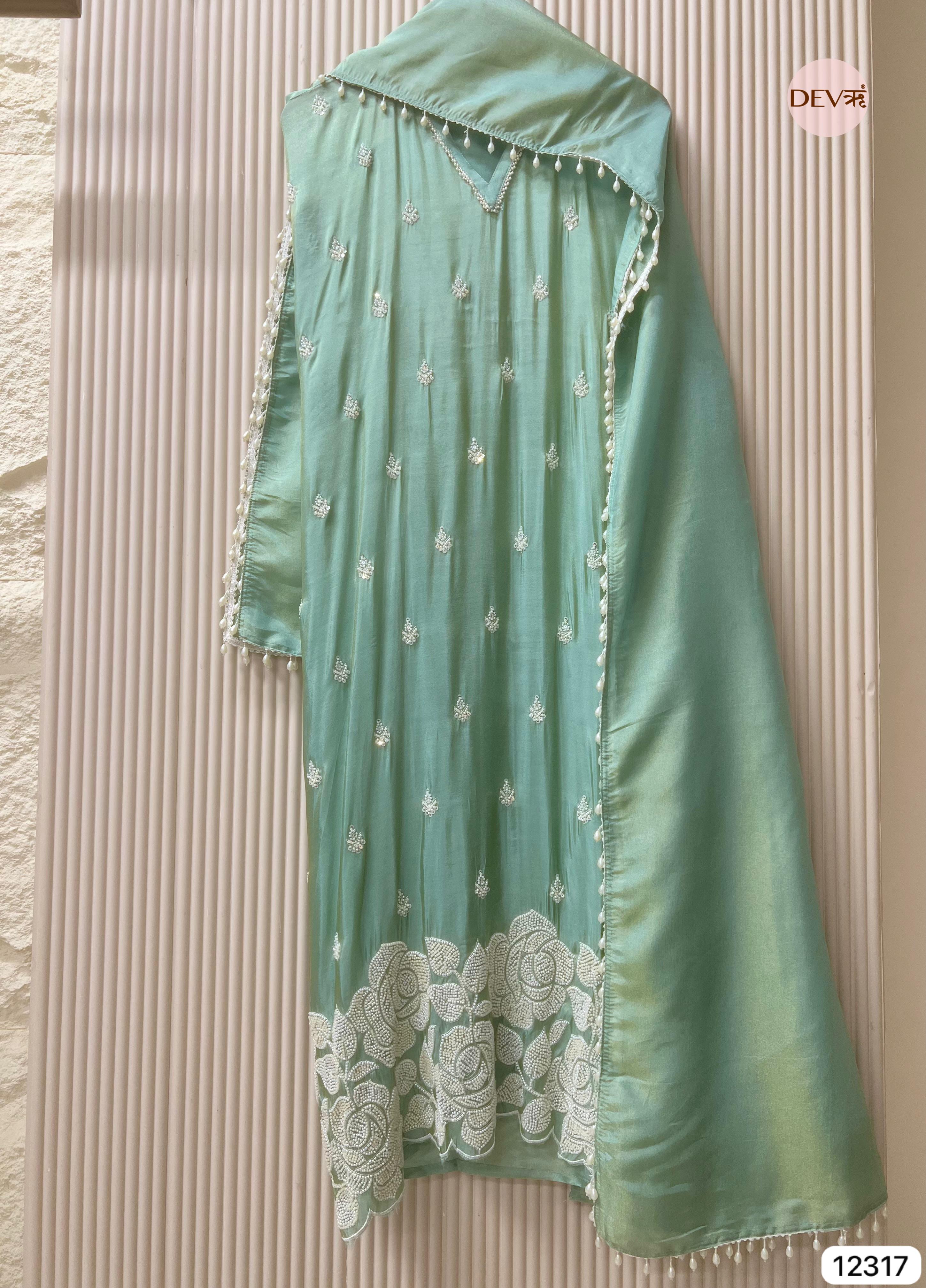 Mint Green Shimmer Silk Embroidered Unstitched 3-Piece Suit (Devri – D.No 12317)