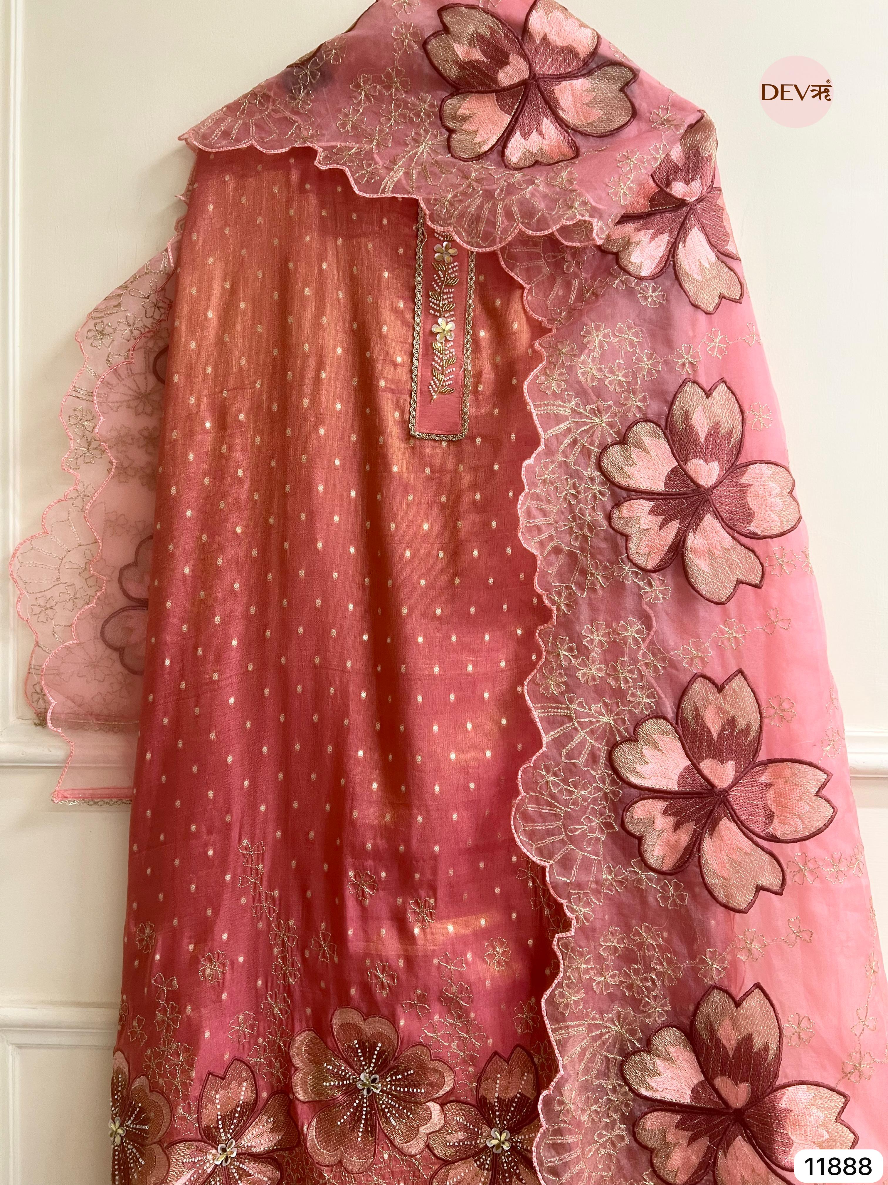 Peach-Pink Tissue Silk Unstitched Embroidered -Set Of 3 - {11888}