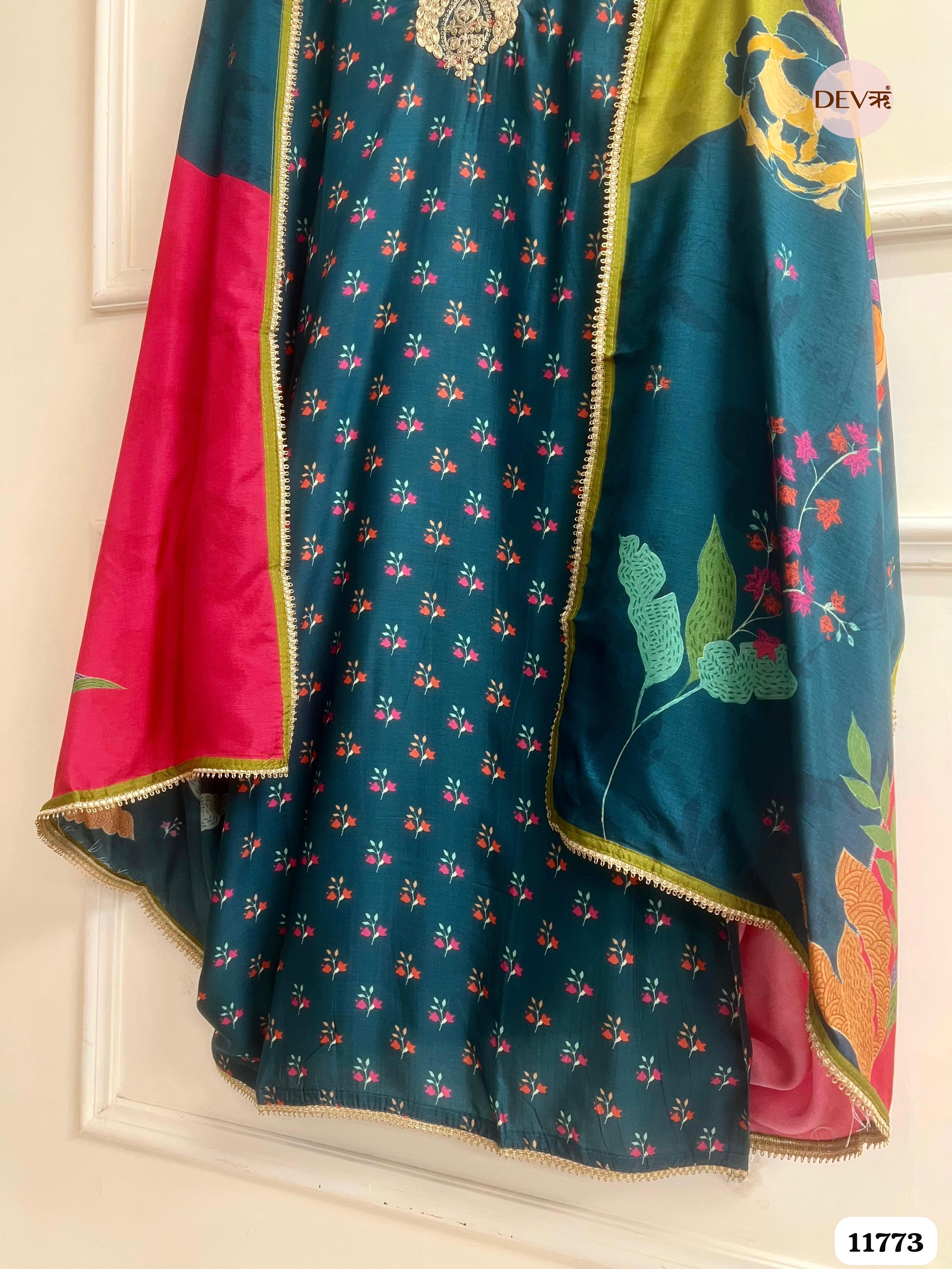 Royal Blue Russian Silk Unstitched Printed Embroidered -Set Of 3 {11773}