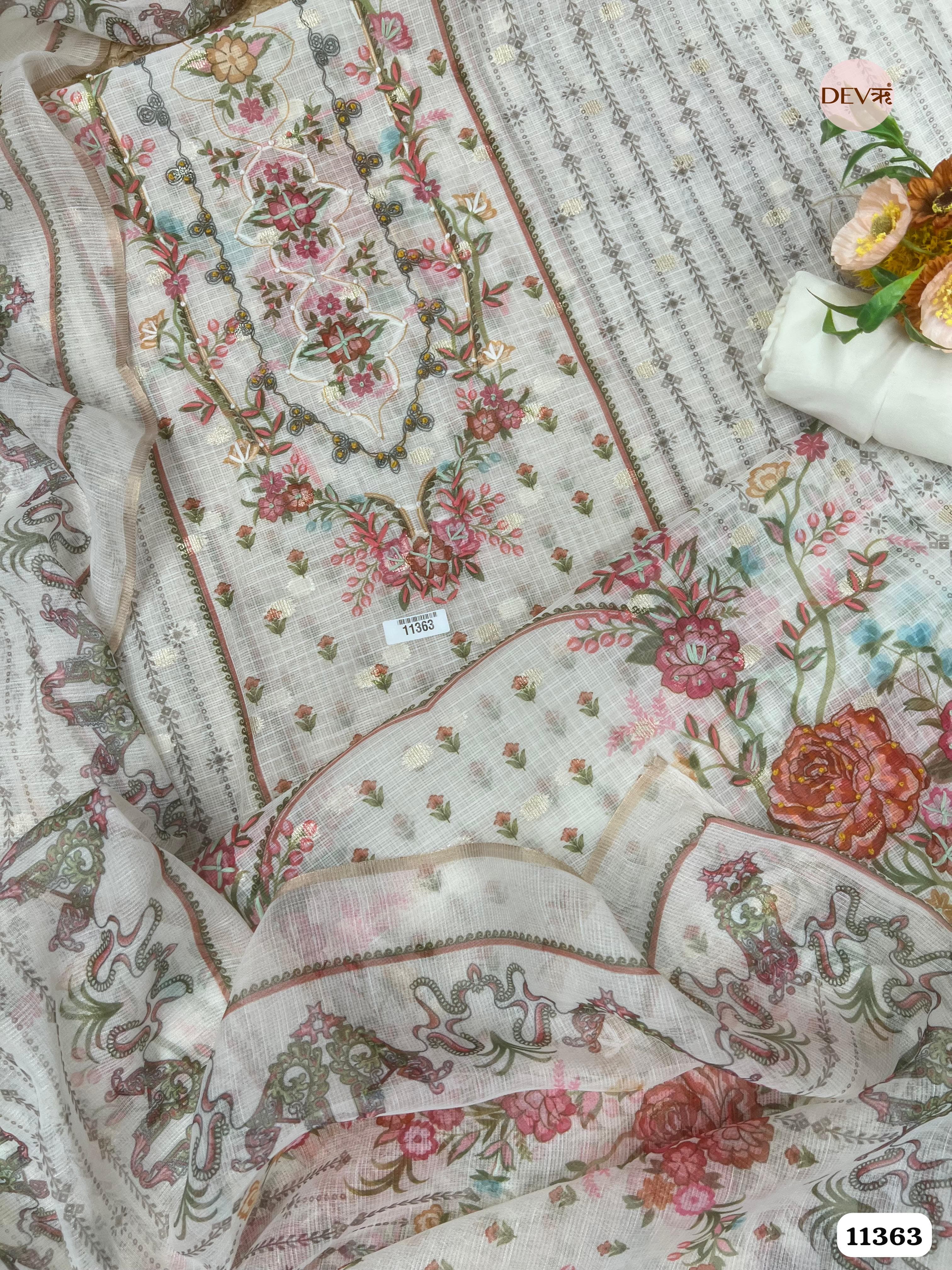Off-White Or Cream Kota Silk Printed woven Unstitched Hand Embroidered -Set Of 3 {11363}