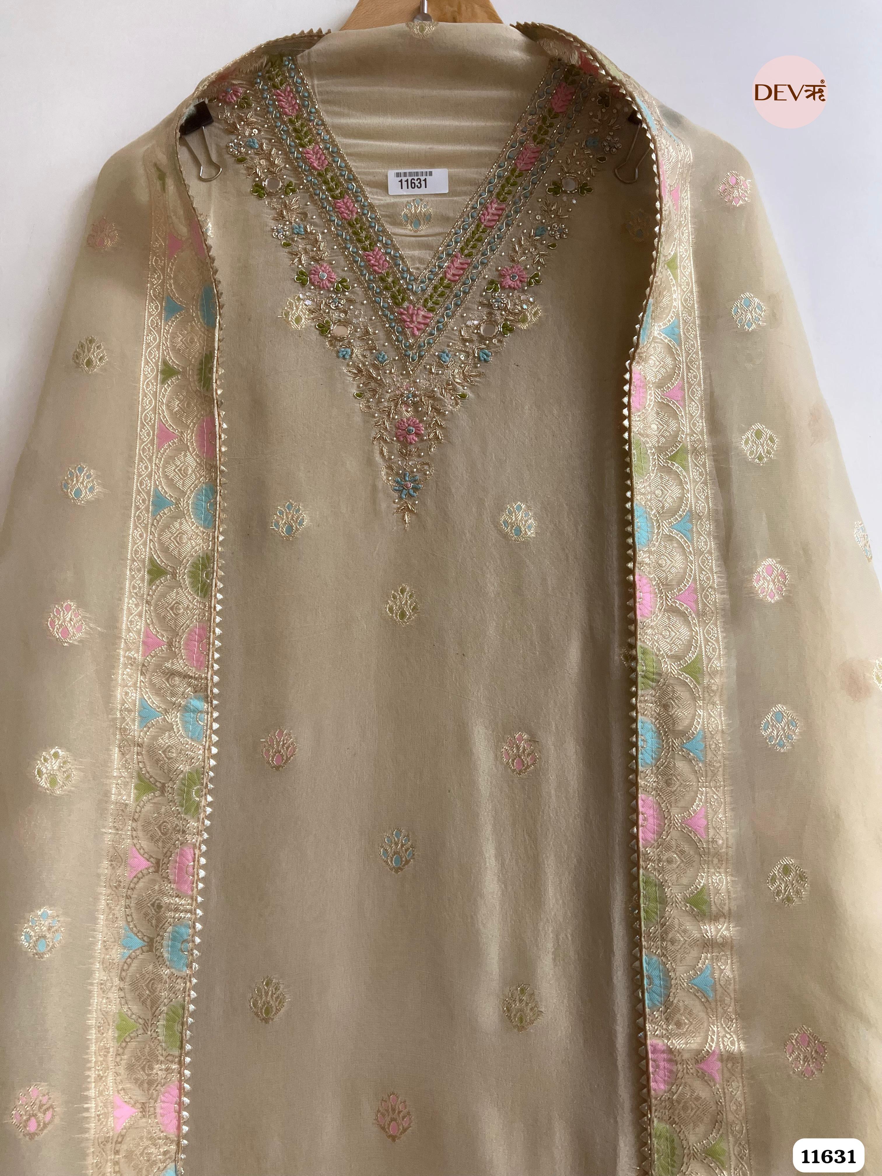 Beige Pure Organza Silk Unstitched Hand Embroidered Banarasi Weave -Set Of 3 {11631}