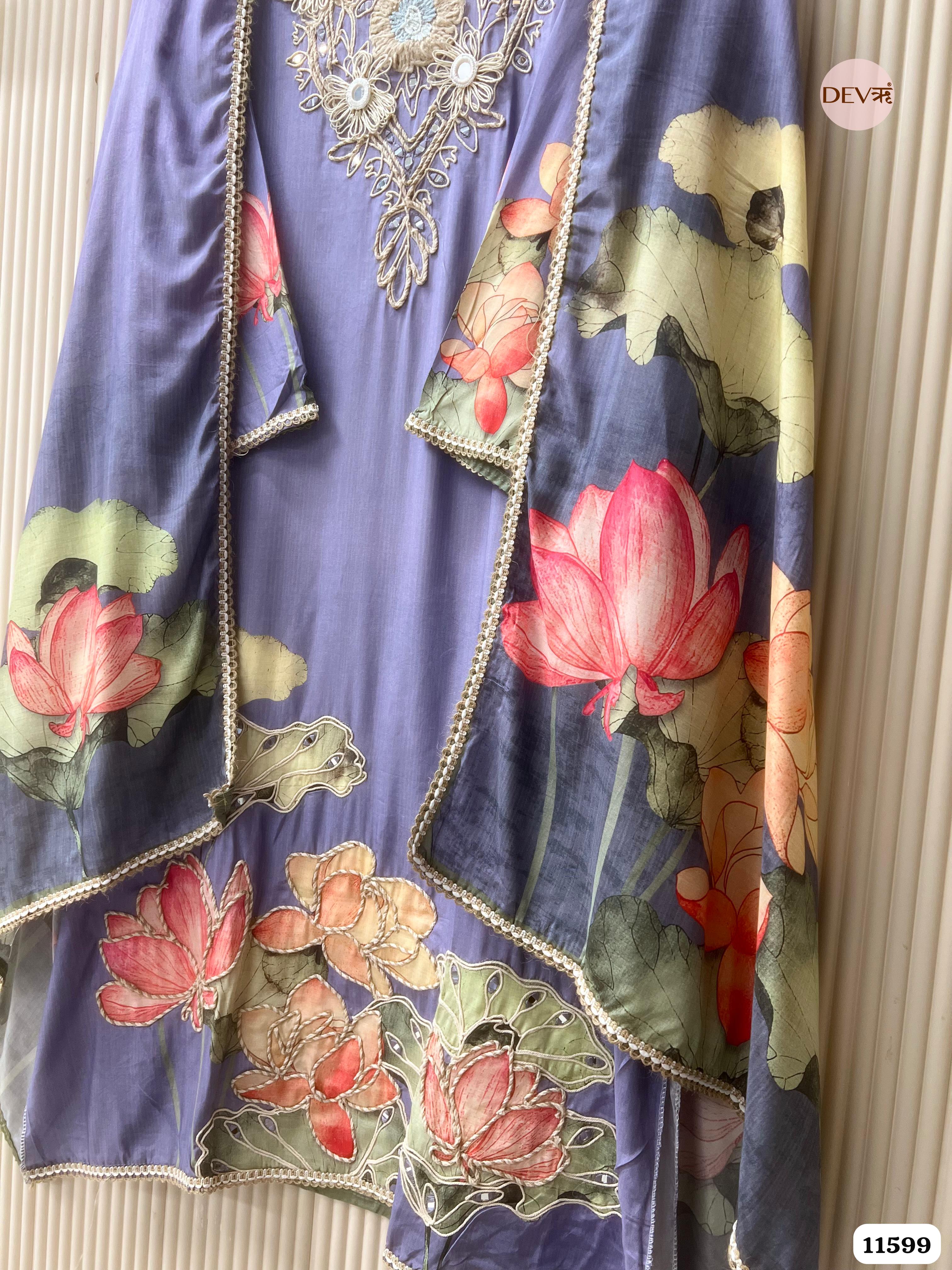 Purple Muslin Semi Stitched Embroidered Printed -Set Of 3 {11599}