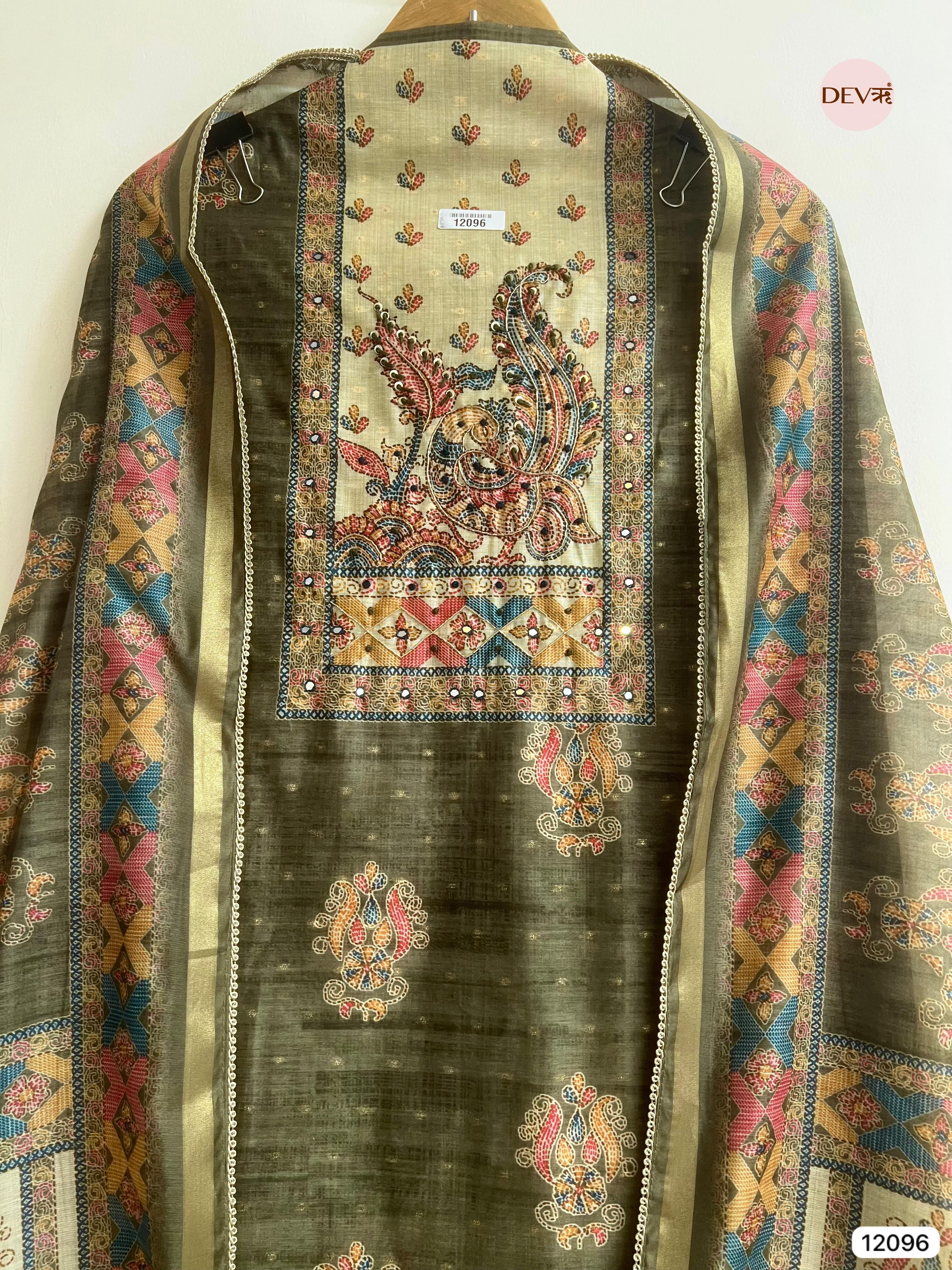 Green Tusser Khadi Silk Printed Unstitched Hand Embroidered -Set Of 3 - {12096}