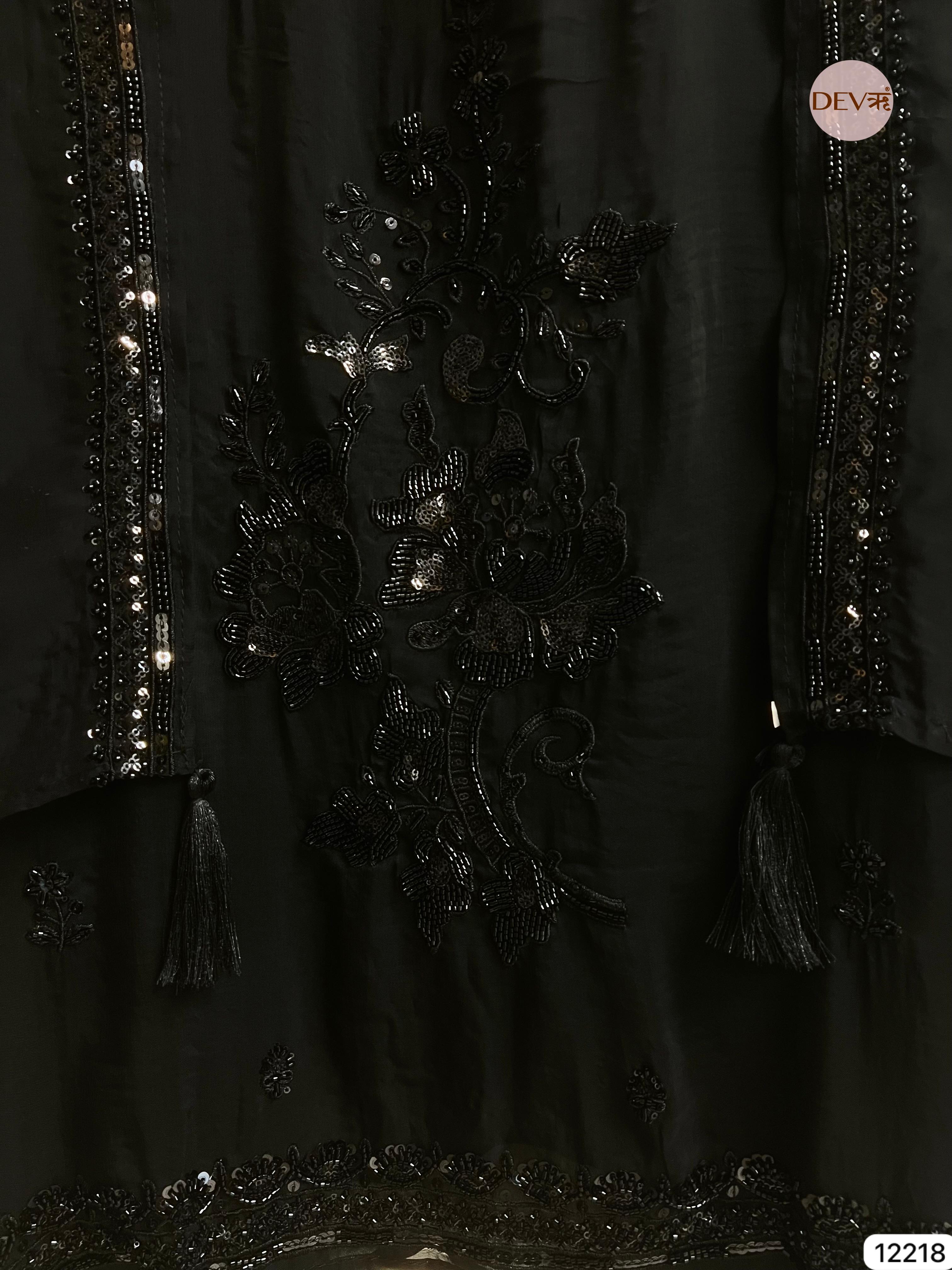 Black Organza Hand-Embroidered Unstitched 3-Piece Suit (Devri – D.No 12218)