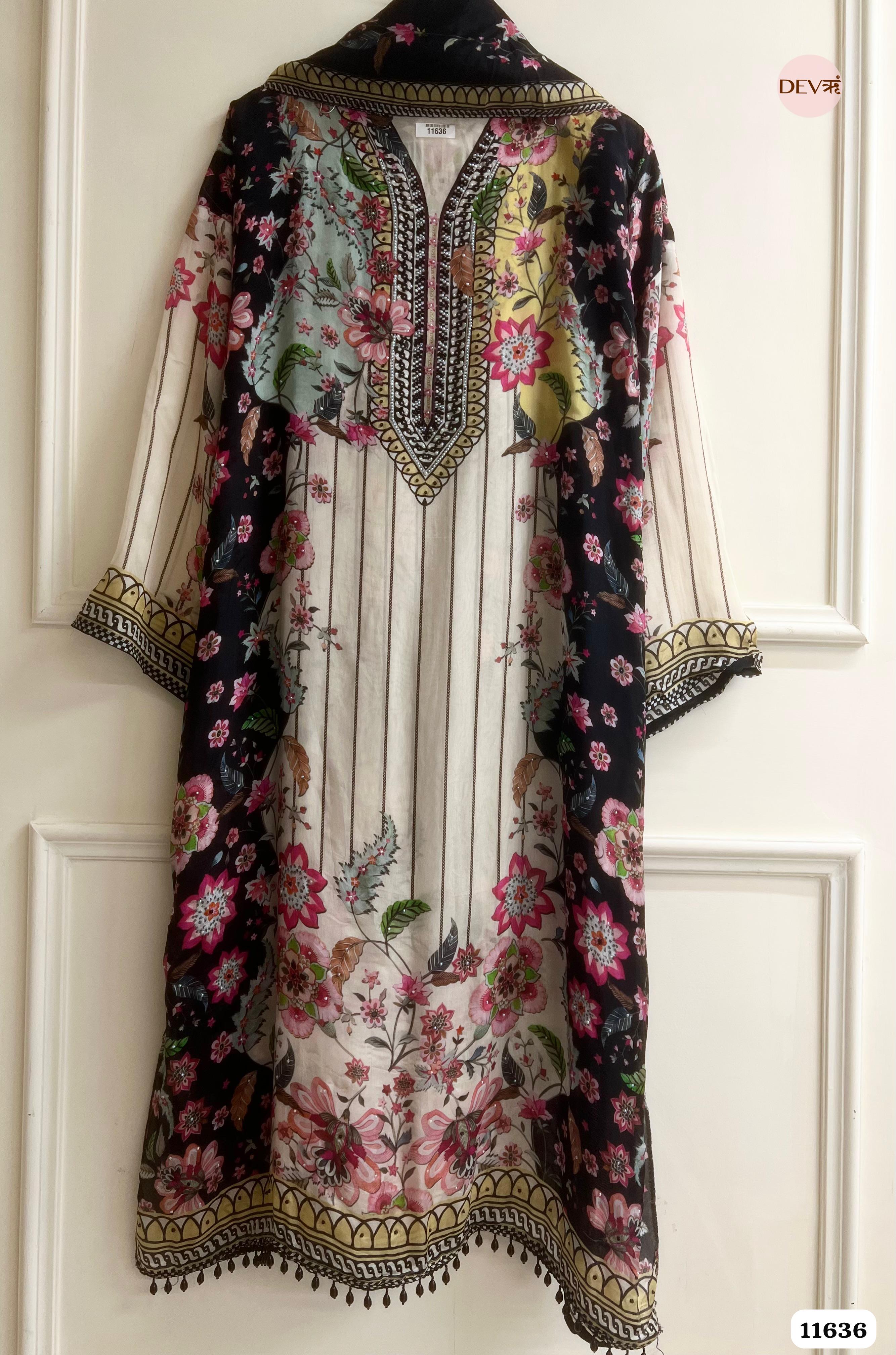 Multi Colour Organza Printed Semi stitched Hand Embroidered -Set Of 3 {11636}