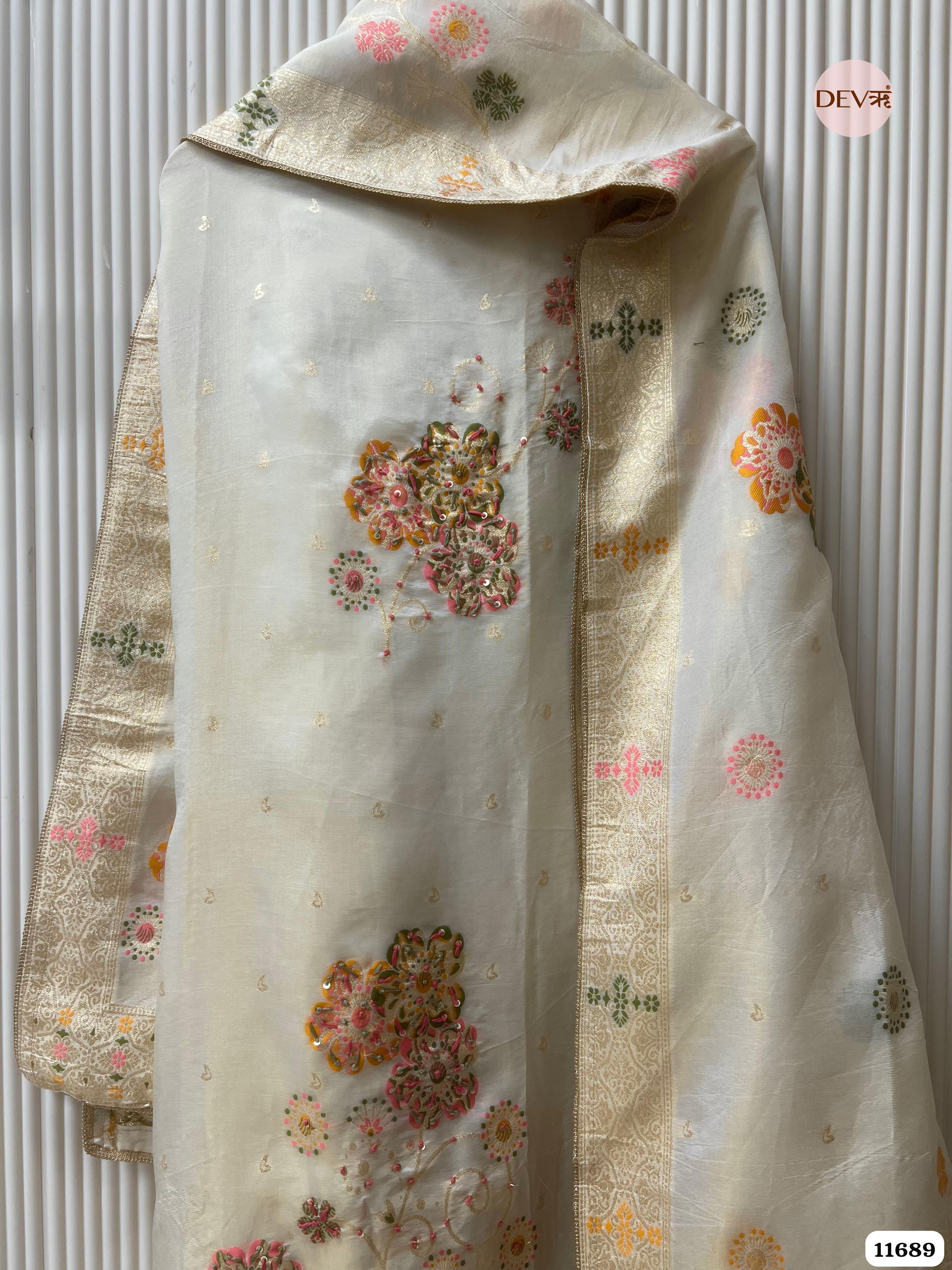 Off white Burberry Silk Unstitched Woven Embroidered -Set Of 3 {11689}