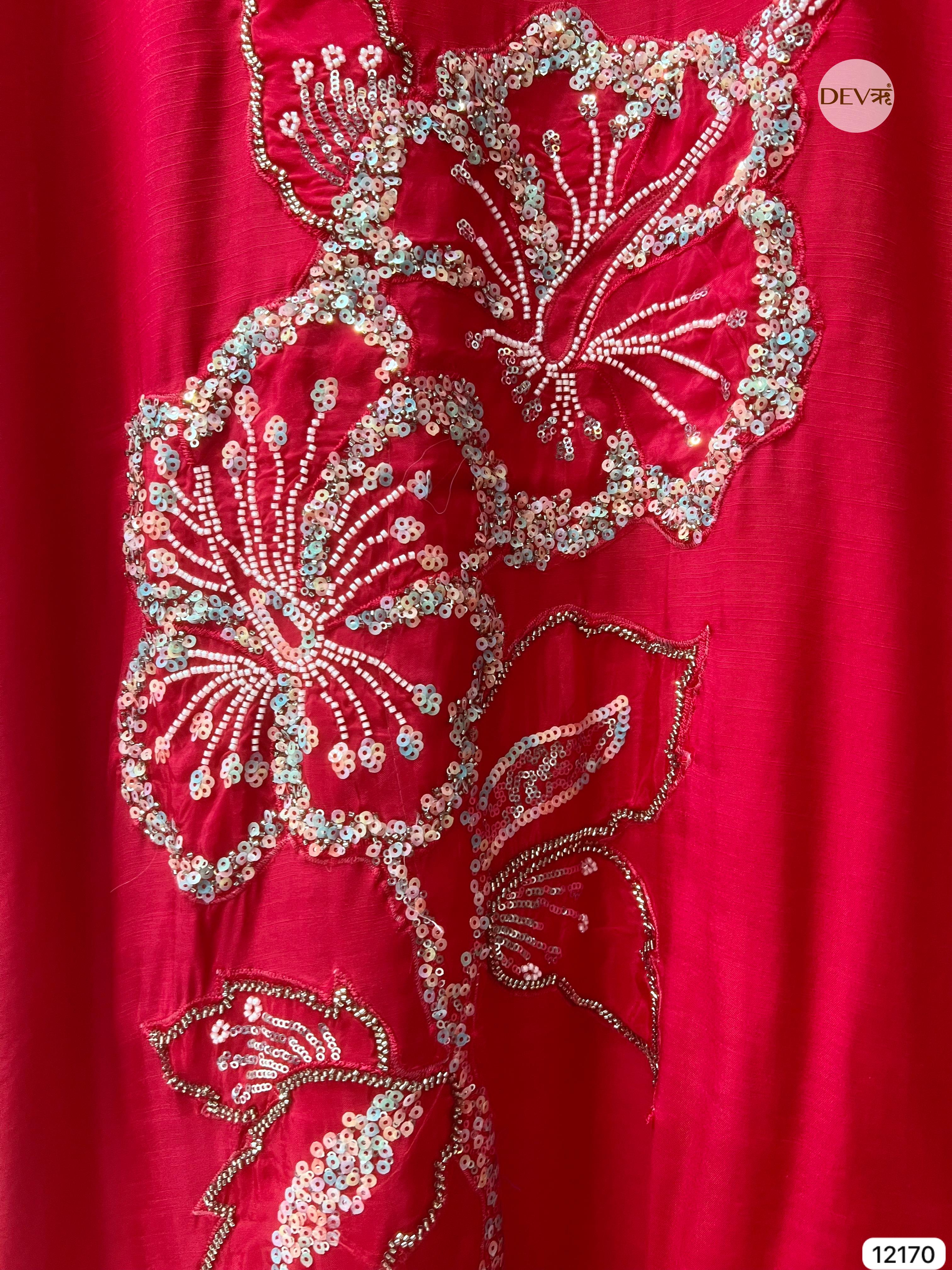 Red Pure Russian Silk Semi stitched Hand Embroidered -Set Of 3 - {12170}
