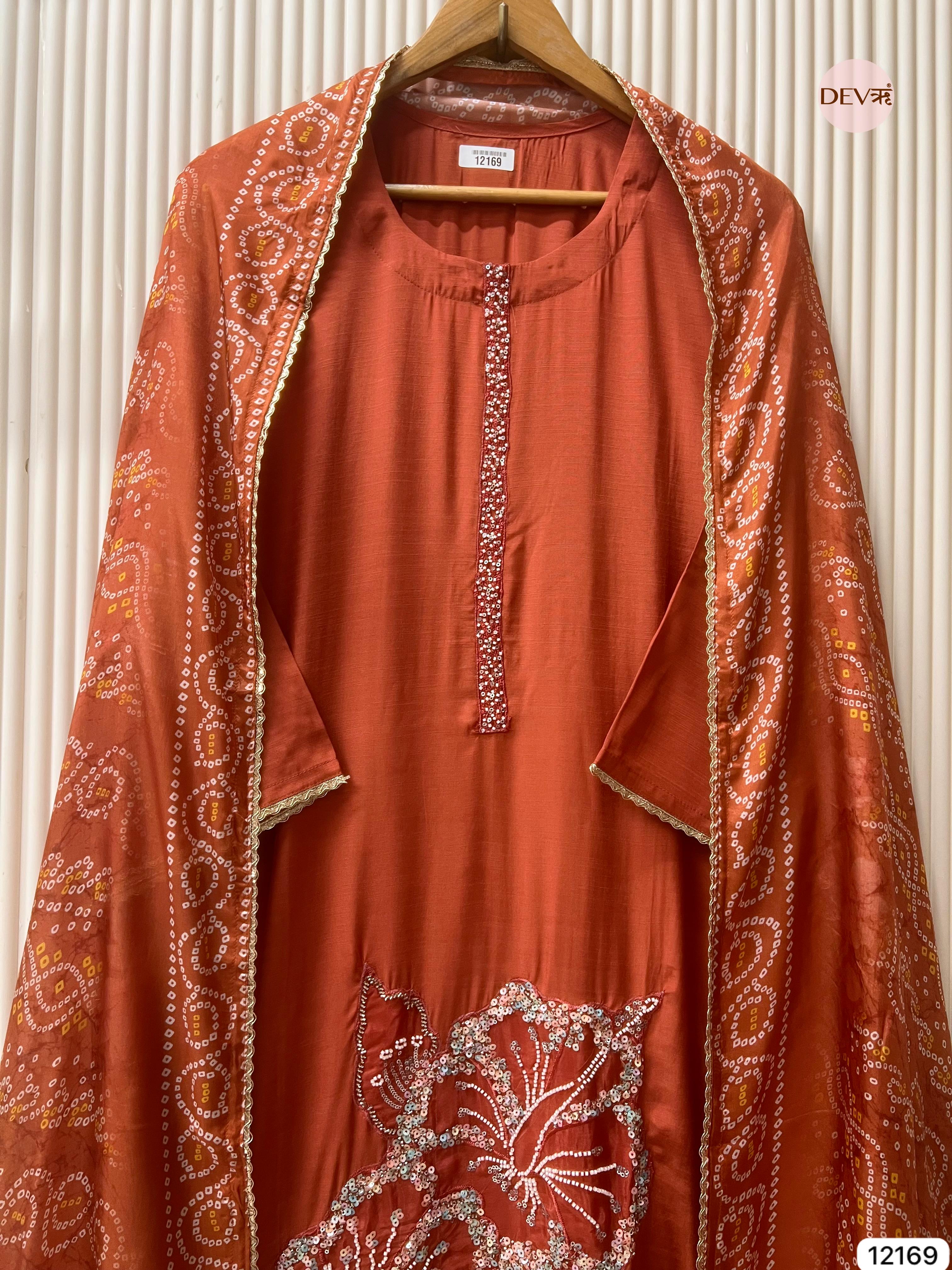 Rust Pure Russian Silk Semi Stitched Hand Embroidered -Set Of 3 - {12169}