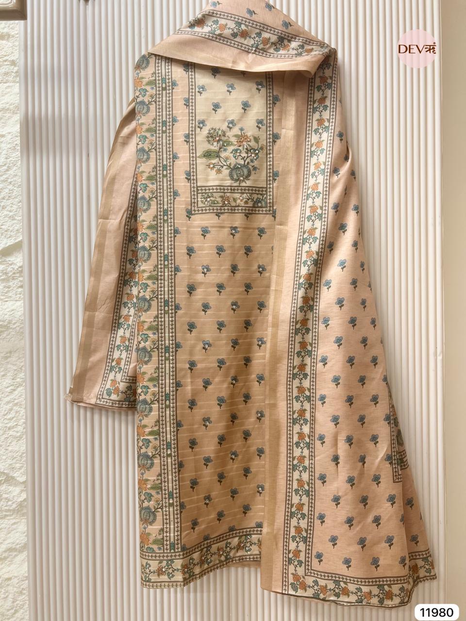 Beige Pure Tusser Silk Printed Unstitched 3-Piece Suit (Devri – D.No 11980)