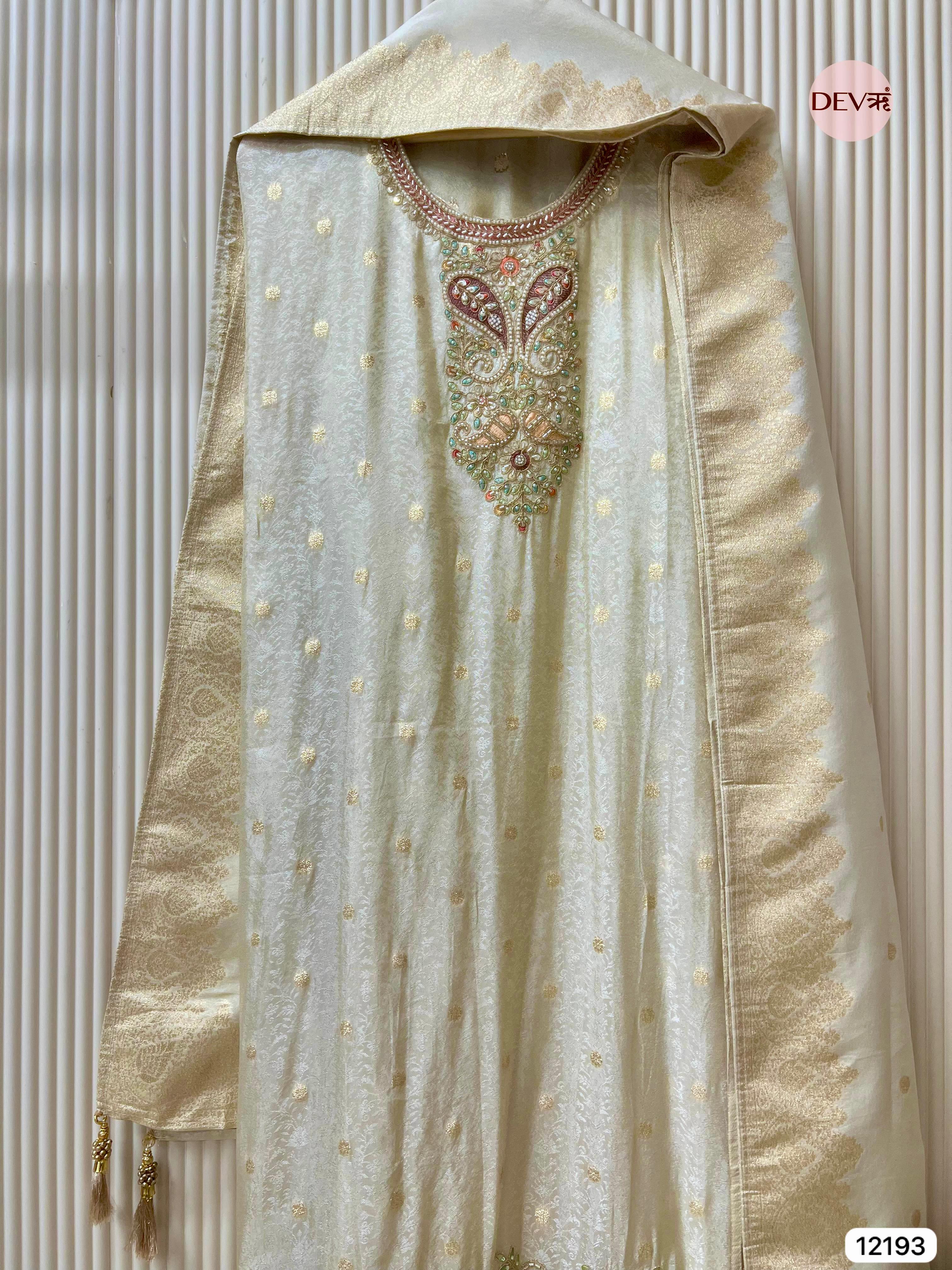 Beige creame Pure Shimmer Silk Banarasi Woven -Set Of 3 - {12193}