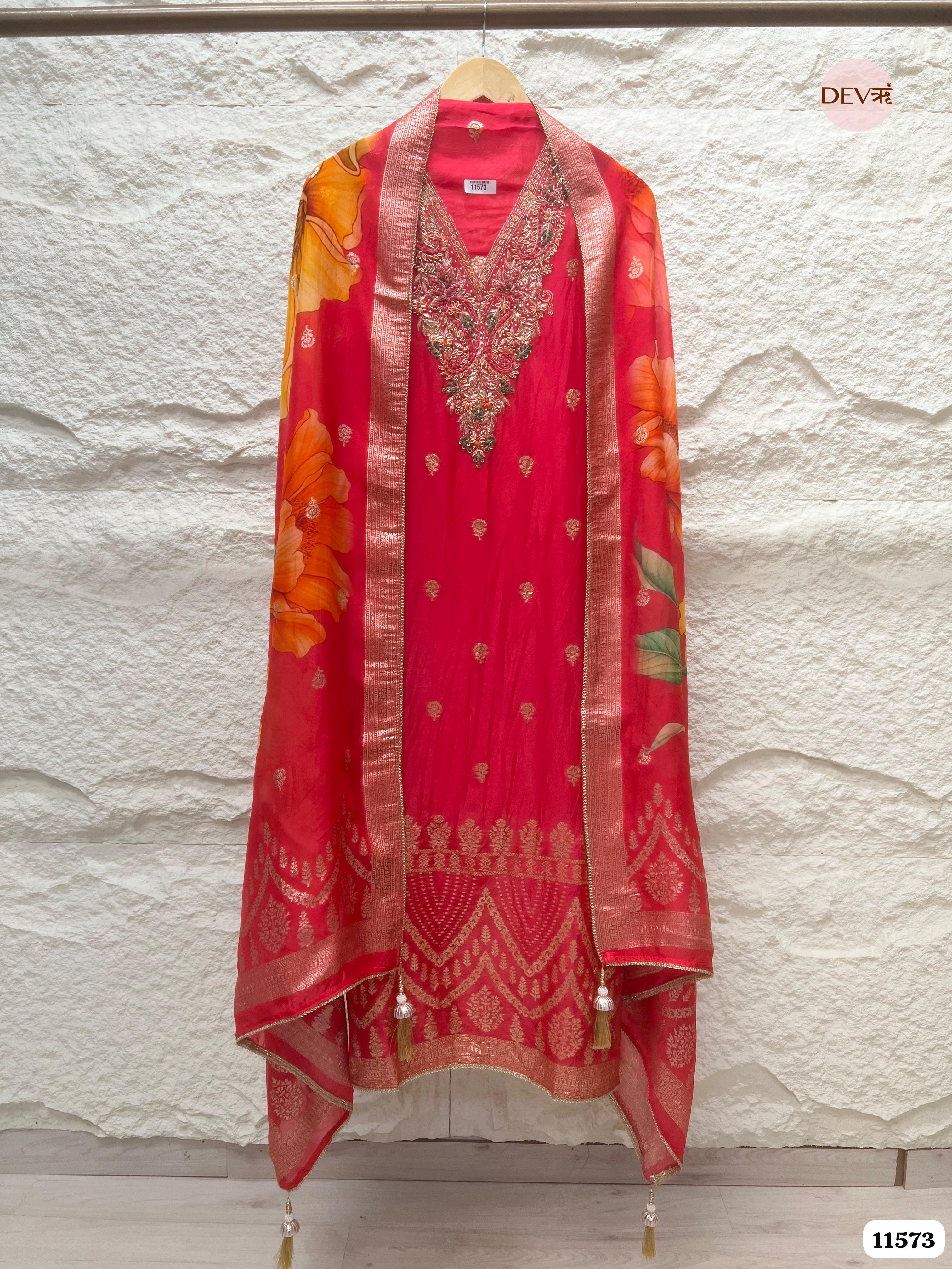 Red Pure Organza Silk Unstitched Banarasi Weave Hand Embroidered -Set Of 3 {11573}