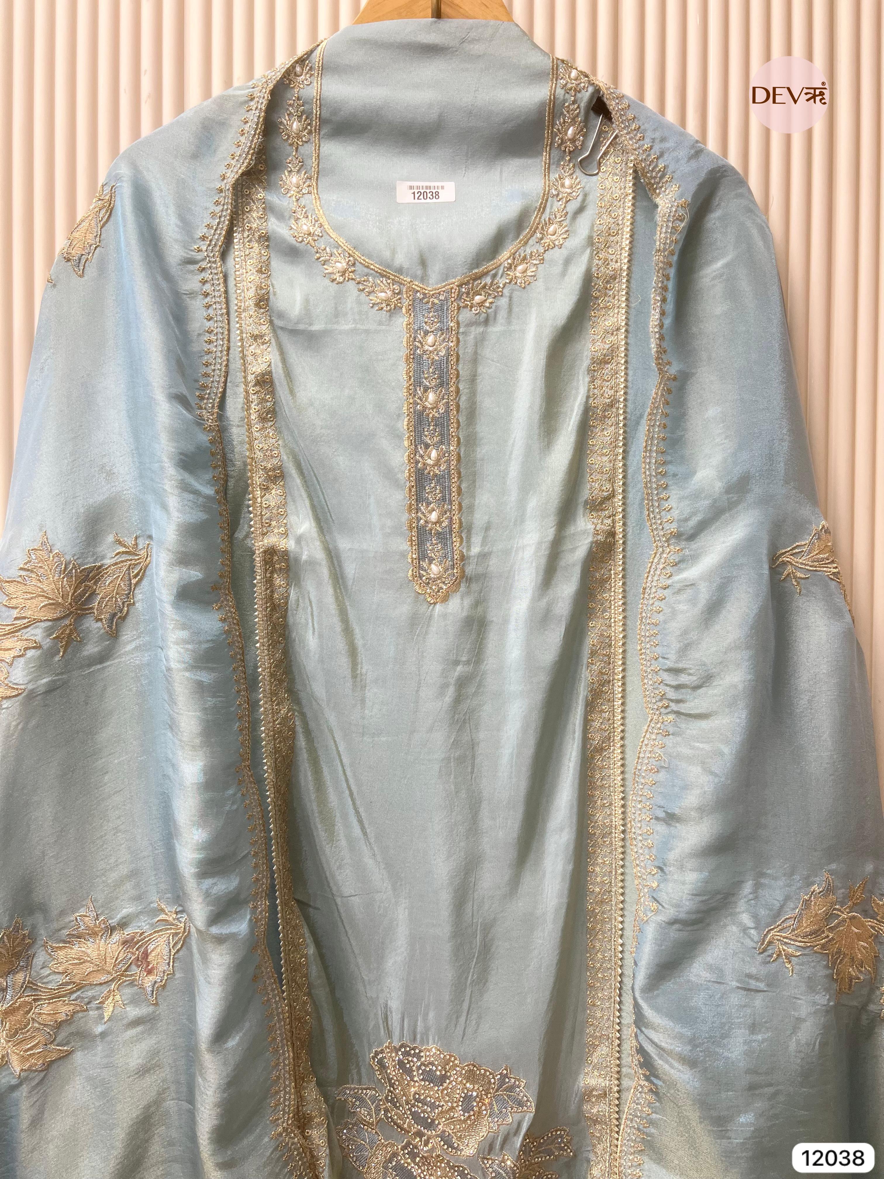 Blue Tissue Shimmer Silk Unstitched Hand Embroidered -Set Of 3 - {12038}