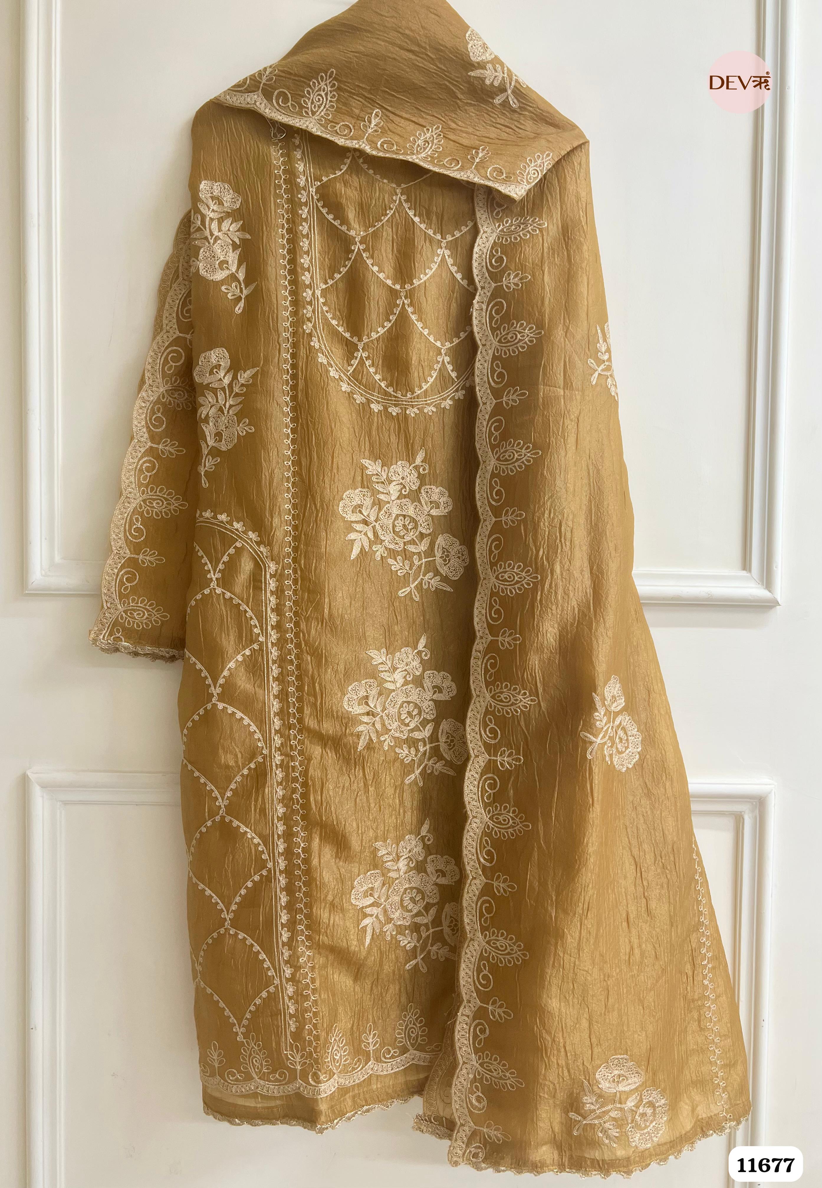 Brownish-Gold Tissue Crush Unstitched Embroidered -Set Of 3 {11677}