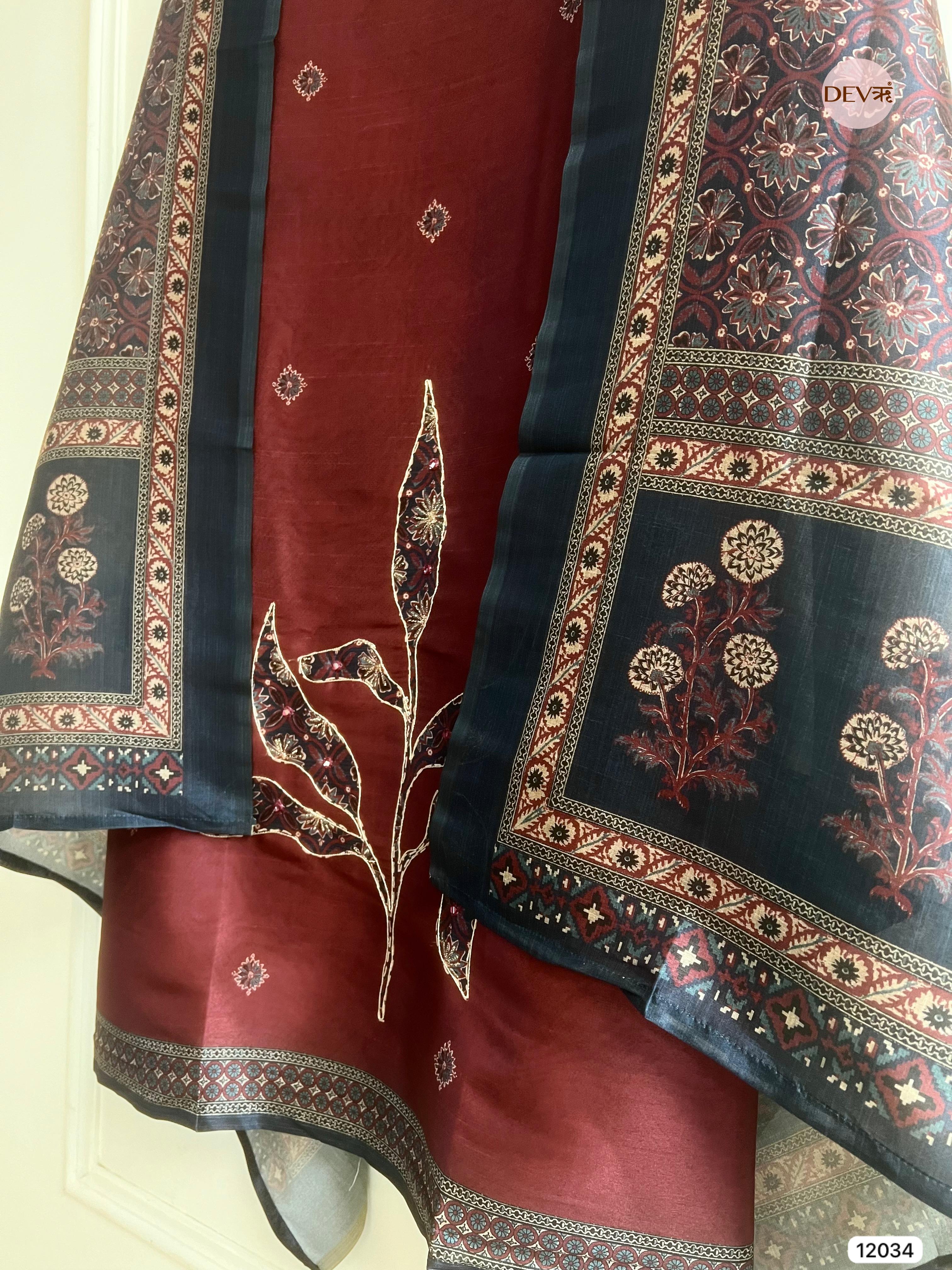 Maroon Raw Silk Unstitched Hand Applique Work Embroidered -Set Of 3 - {12034}