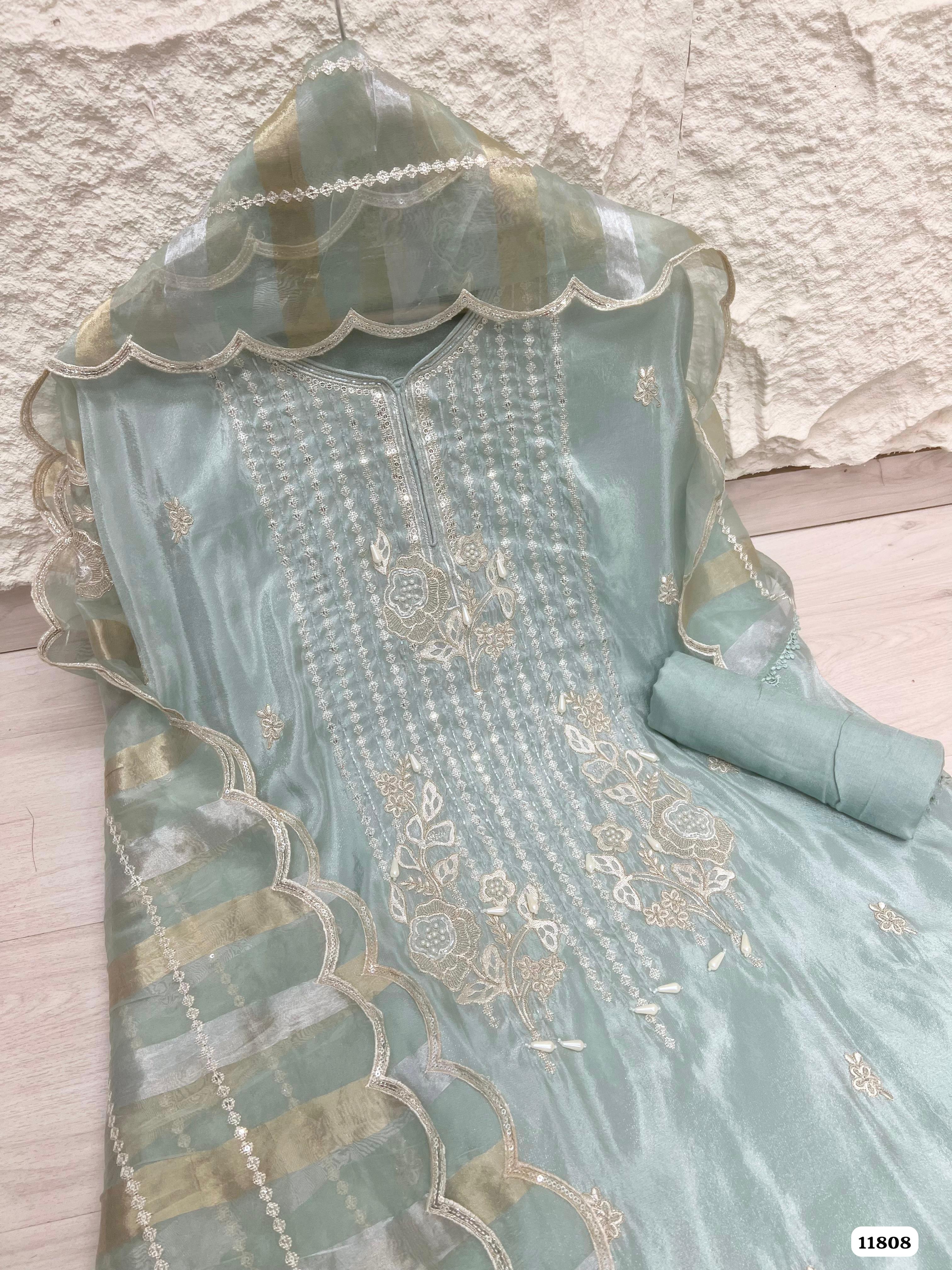 Ferozeah Tissue  Silk Unstitched Hand Embroidered -Set Of 3 {11808}