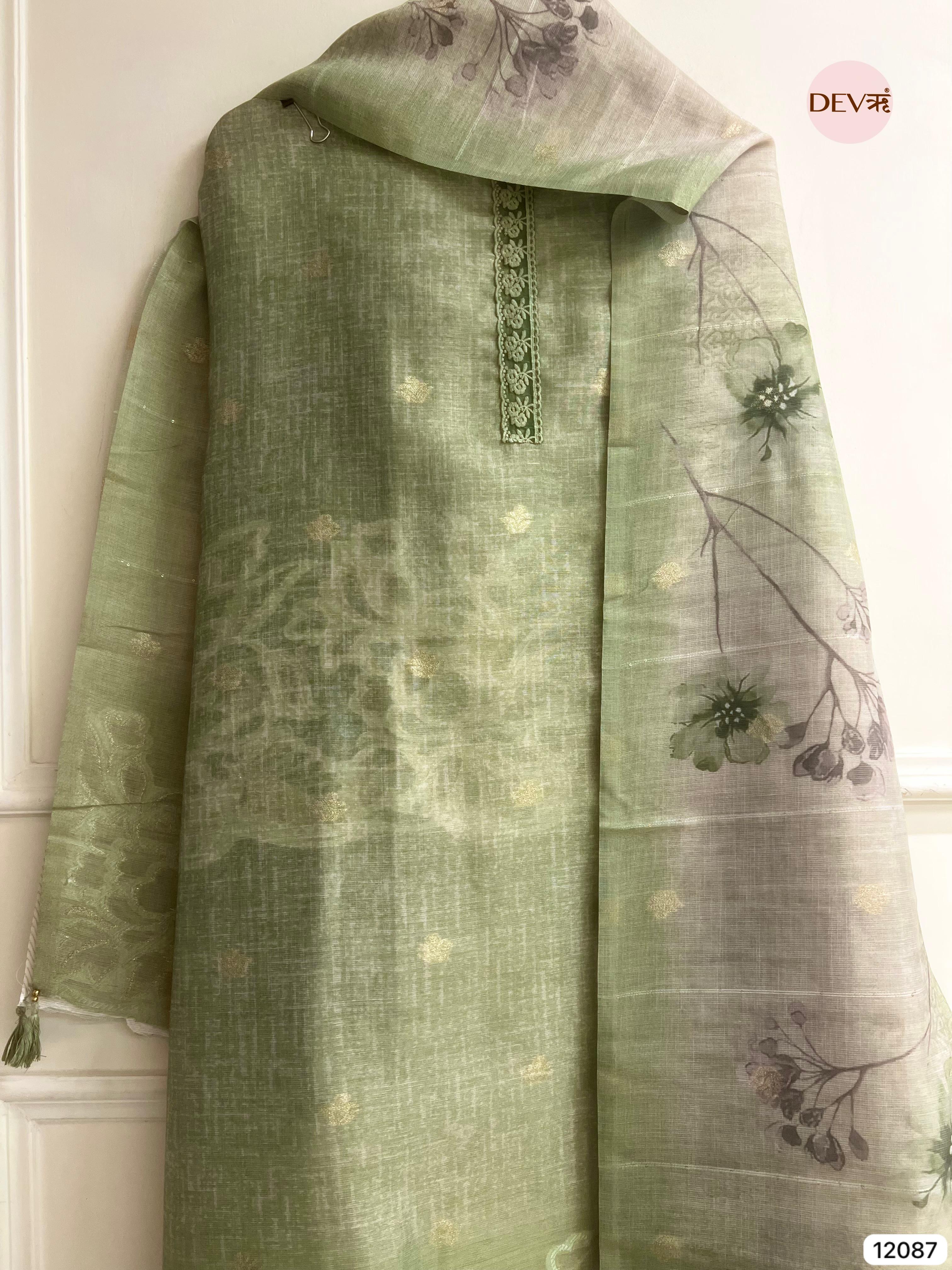 Green Pure Raw Unstitched Silk Thread Woven Embroidered -Set Of 3 - {12087}