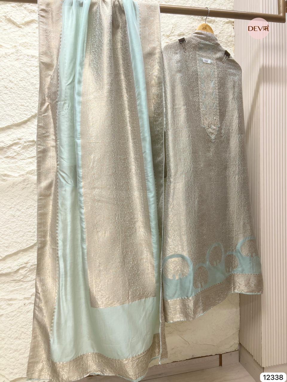 Powder Blue Pure Banarasi Silk Embroidered Unstitched 3-Piece Suit (Devri – D.No 12338)