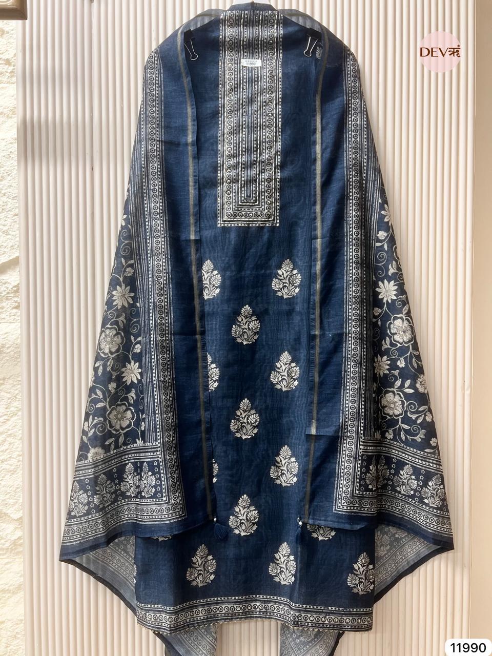 Navy Mul Chanderi Printed Unstitched 3-Piece Suit (Devri – D.No 11990)