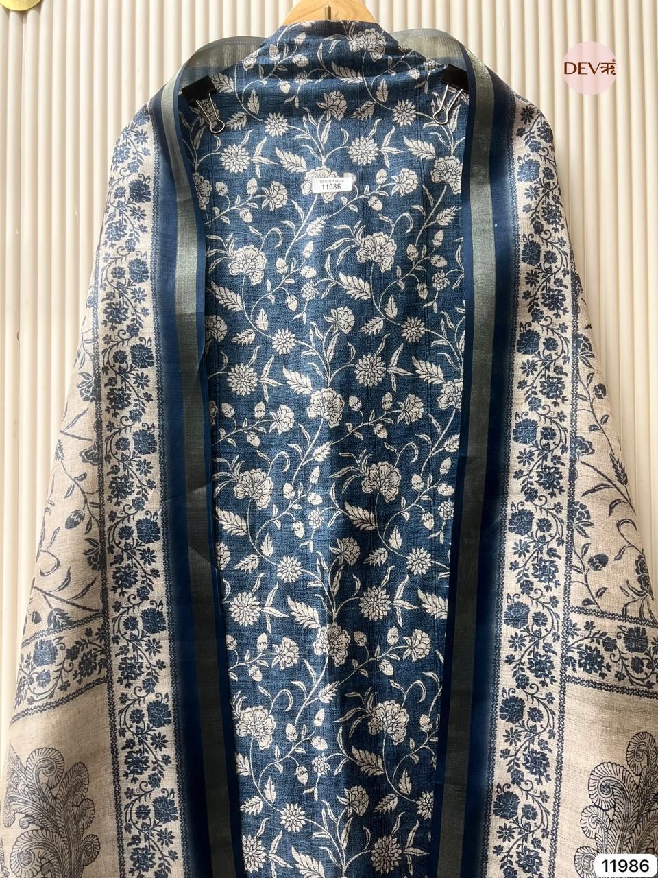 Blue Pure Tusser Silk Printed Unstitched 3-Piece Suit (Devri – D.No 11986)