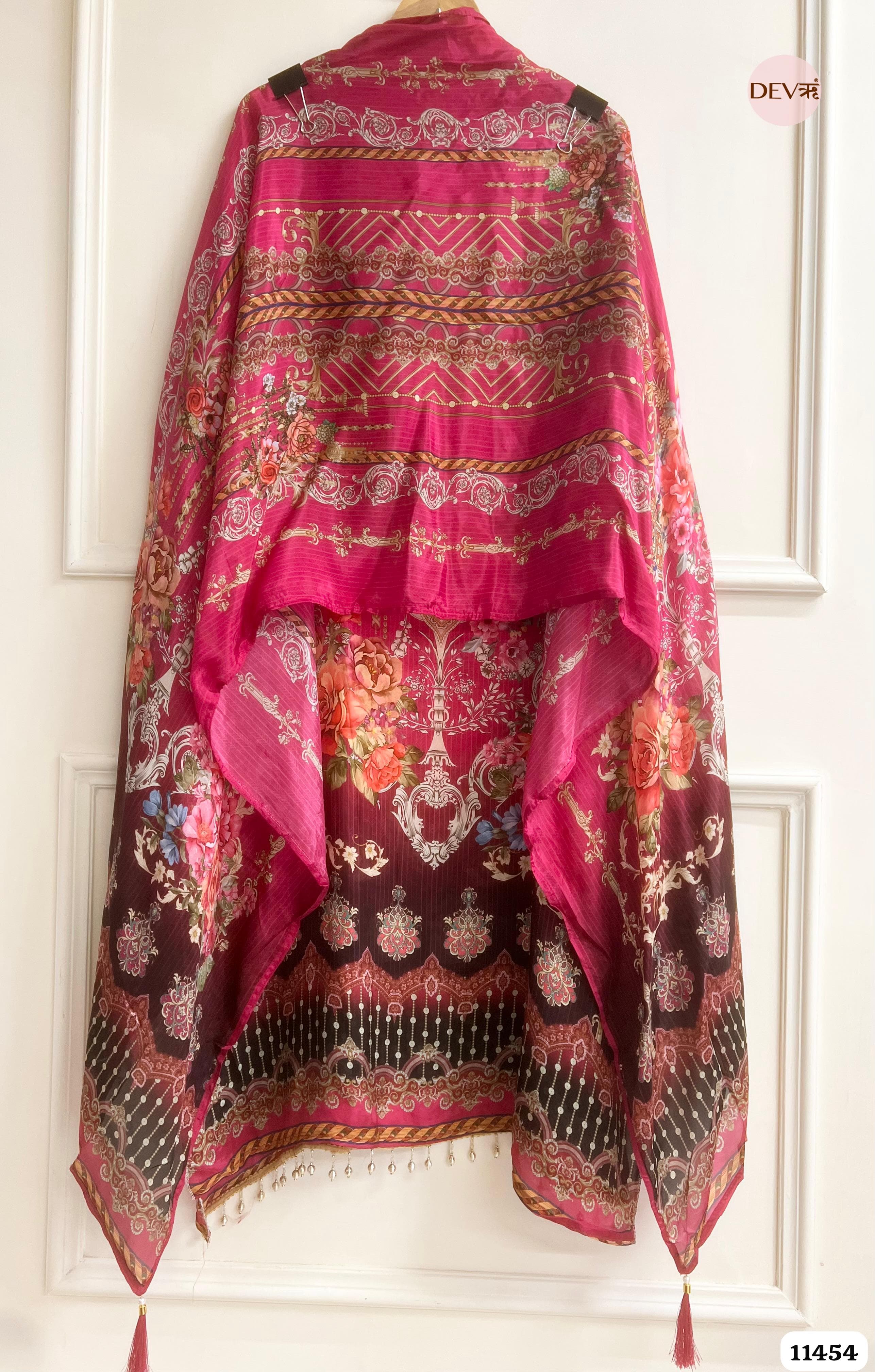 Pink organza Silk Printed Semi - Stitched Hand Embroidered -Set Of 3 {11454}