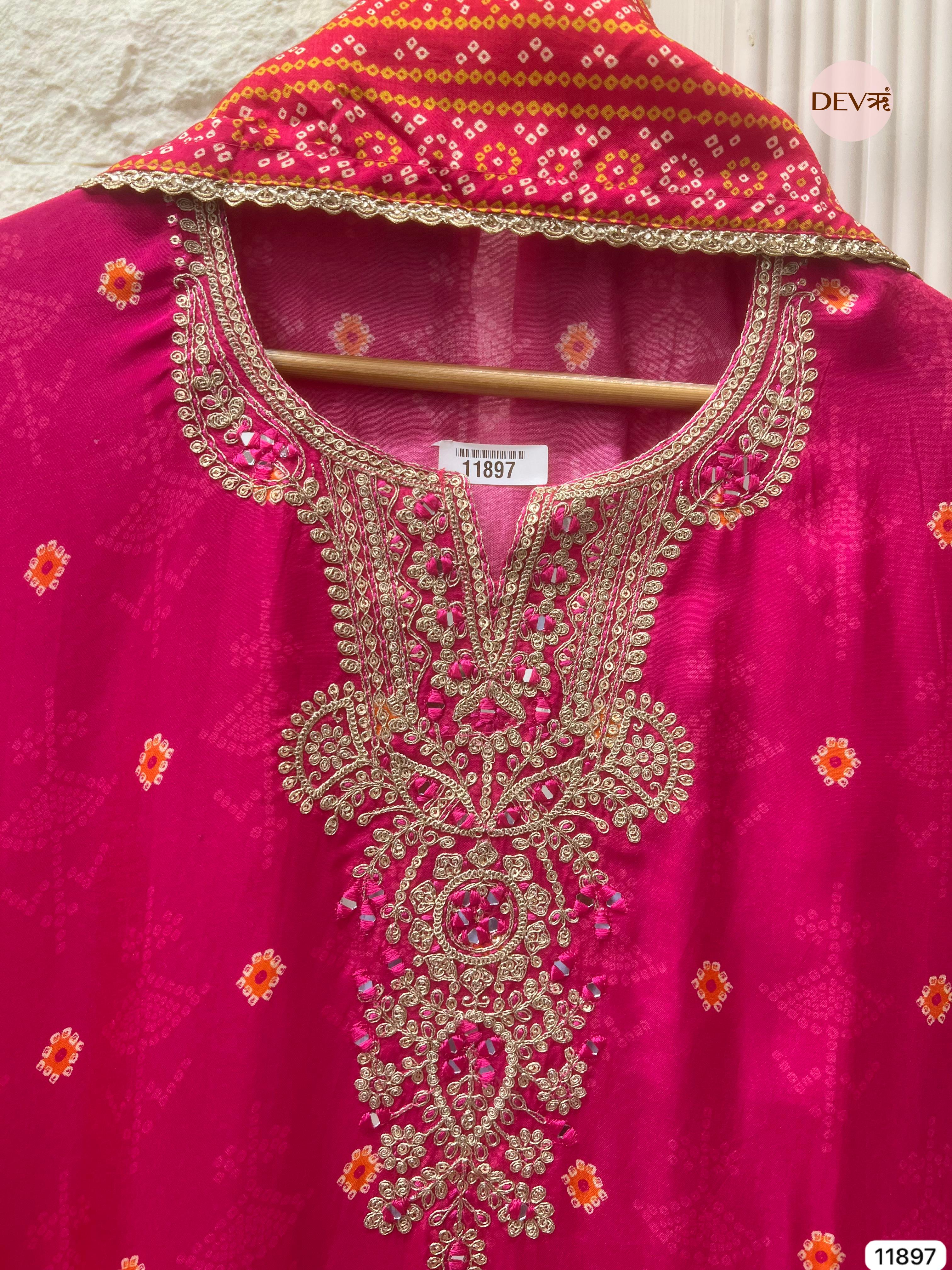 Pink Russian Silk Semi Stitched Printed Hand Embroidered -Set Of 3 - {11897}