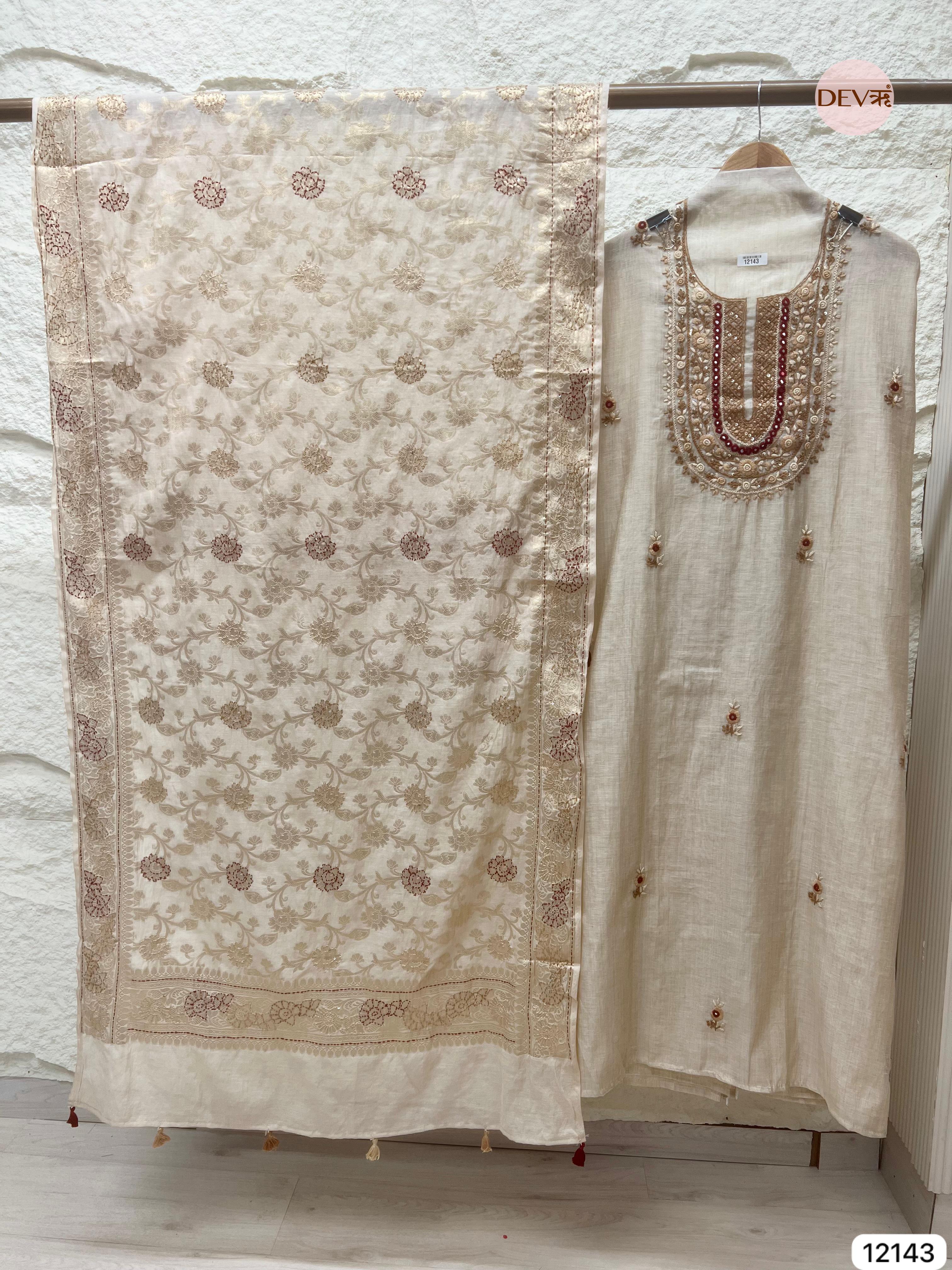 Off white Tissue Silk Unstitched Hand Embroidered -Set Of 3 - {12143}