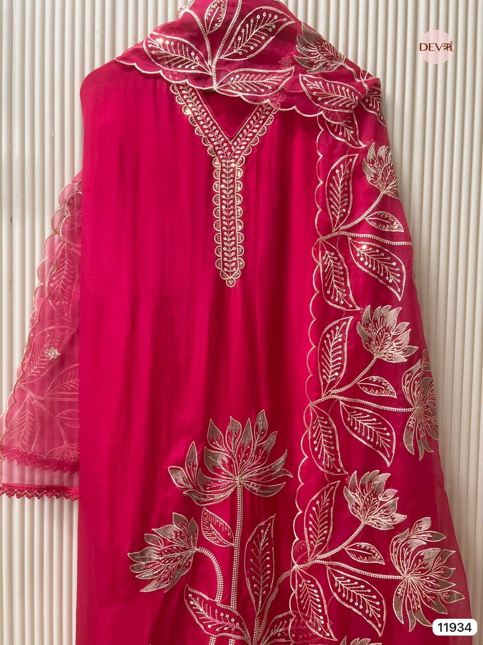 Pink Glass Tissue Silk Unstitched Embroidered -Set Of 3 - {11934}