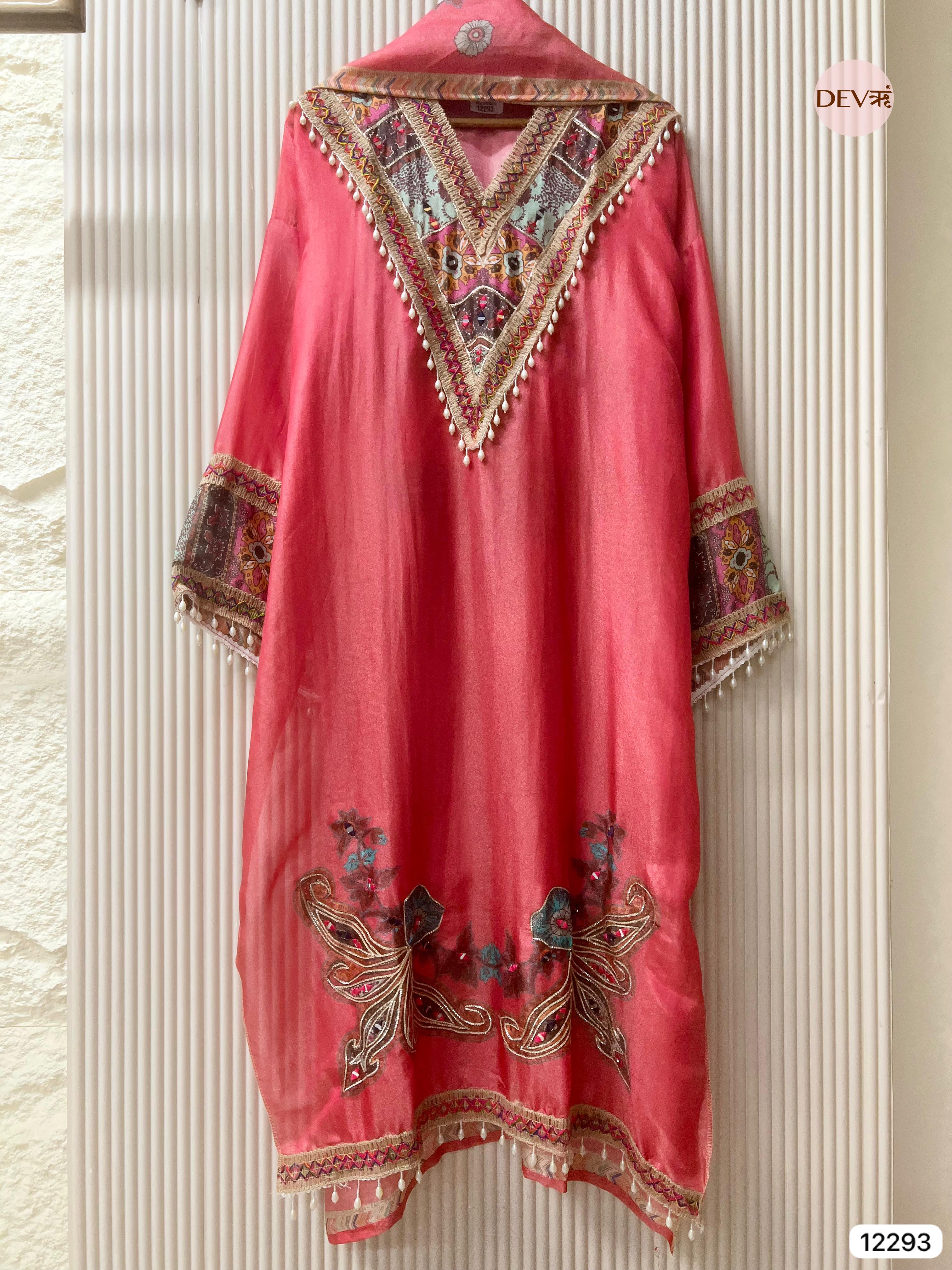 Coral Pink Shimmer Silk Printed Unstitched 3-Piece Suit (Devri – D.No 12293)