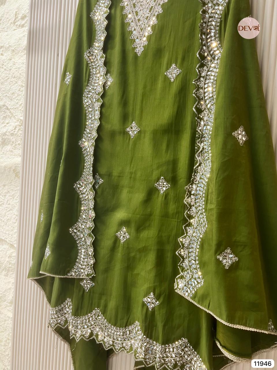 Green Modal Silk Unstitched Hand Embroidered -Set Of 3 - {11946}