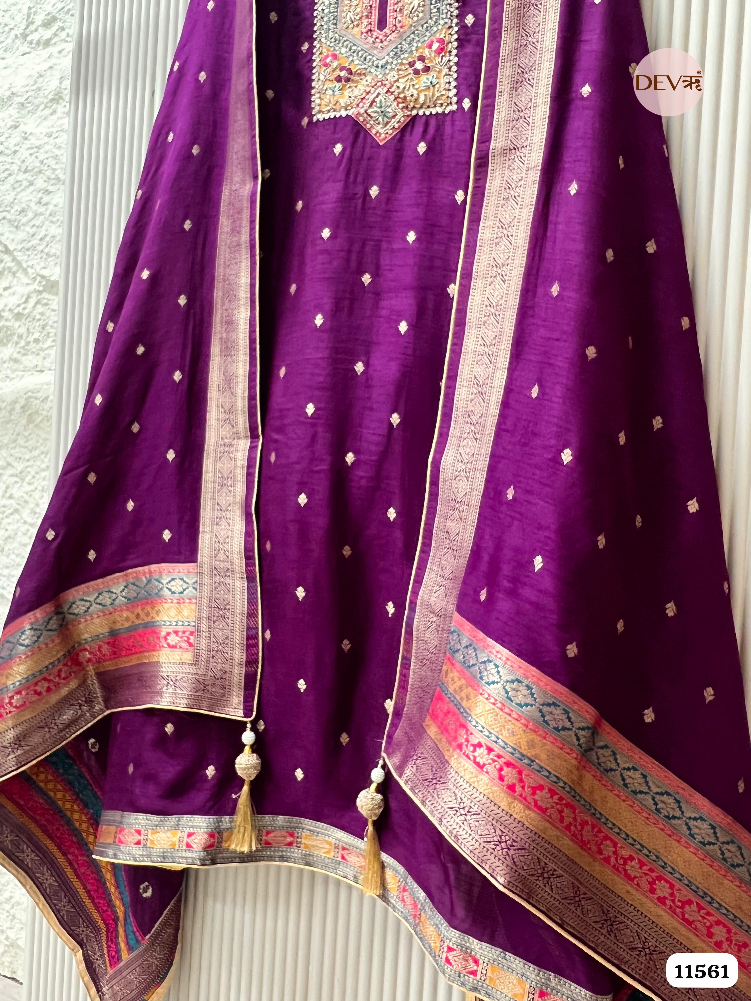 Purple Dola silk Banarasi Weave Unstitched Hand Embroidered -Set Of 3 {11561}