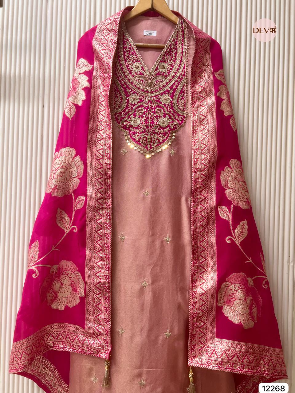 Rose–Rani Tissue Shimmer Silk Embroidered Unstitched 3-Piece Suit (Devri – D.No 12268)