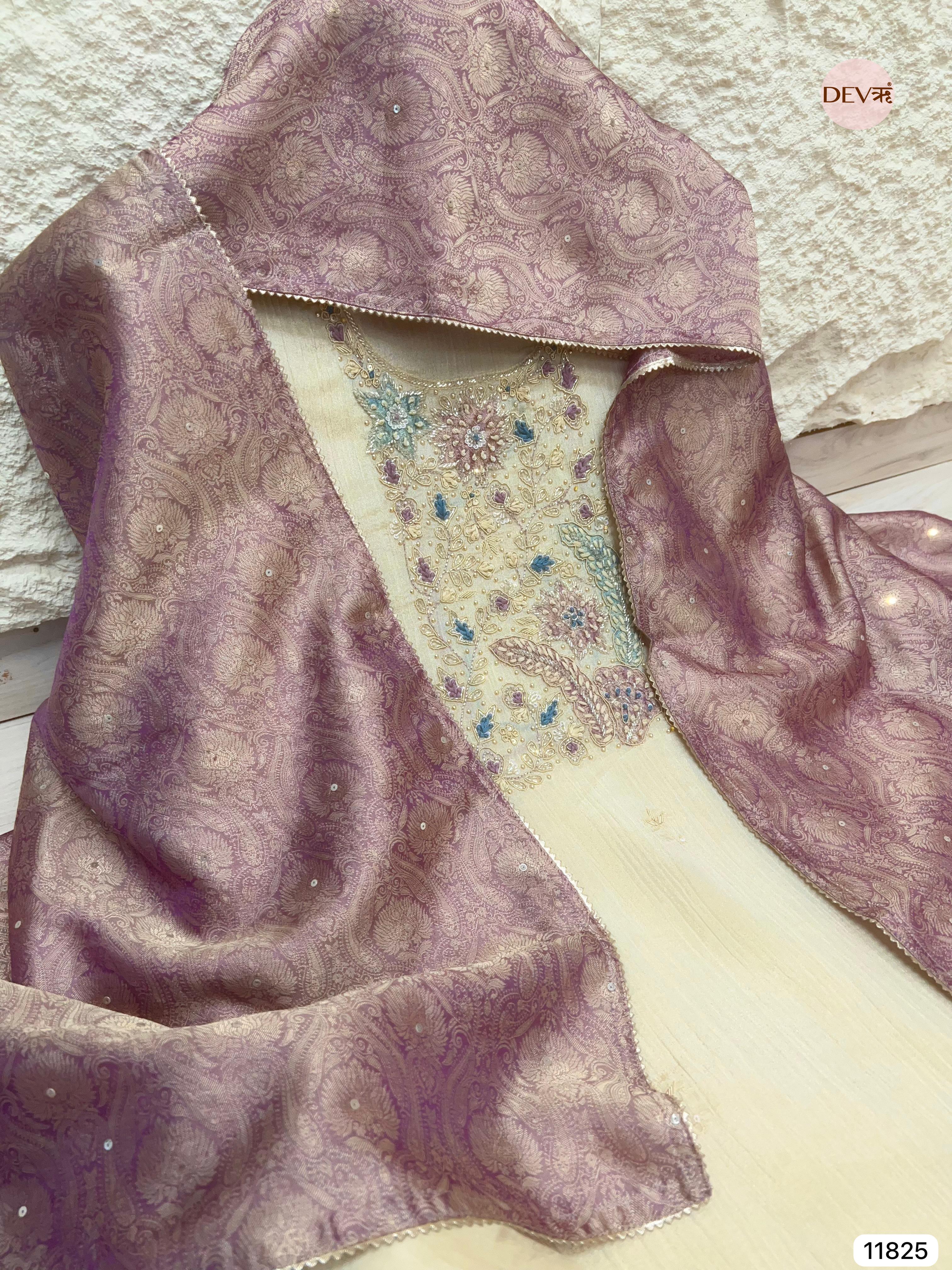 Cream Pure Tissue Crush Silk Unstitched Hand Embroidered -Set Of 3- {11825}